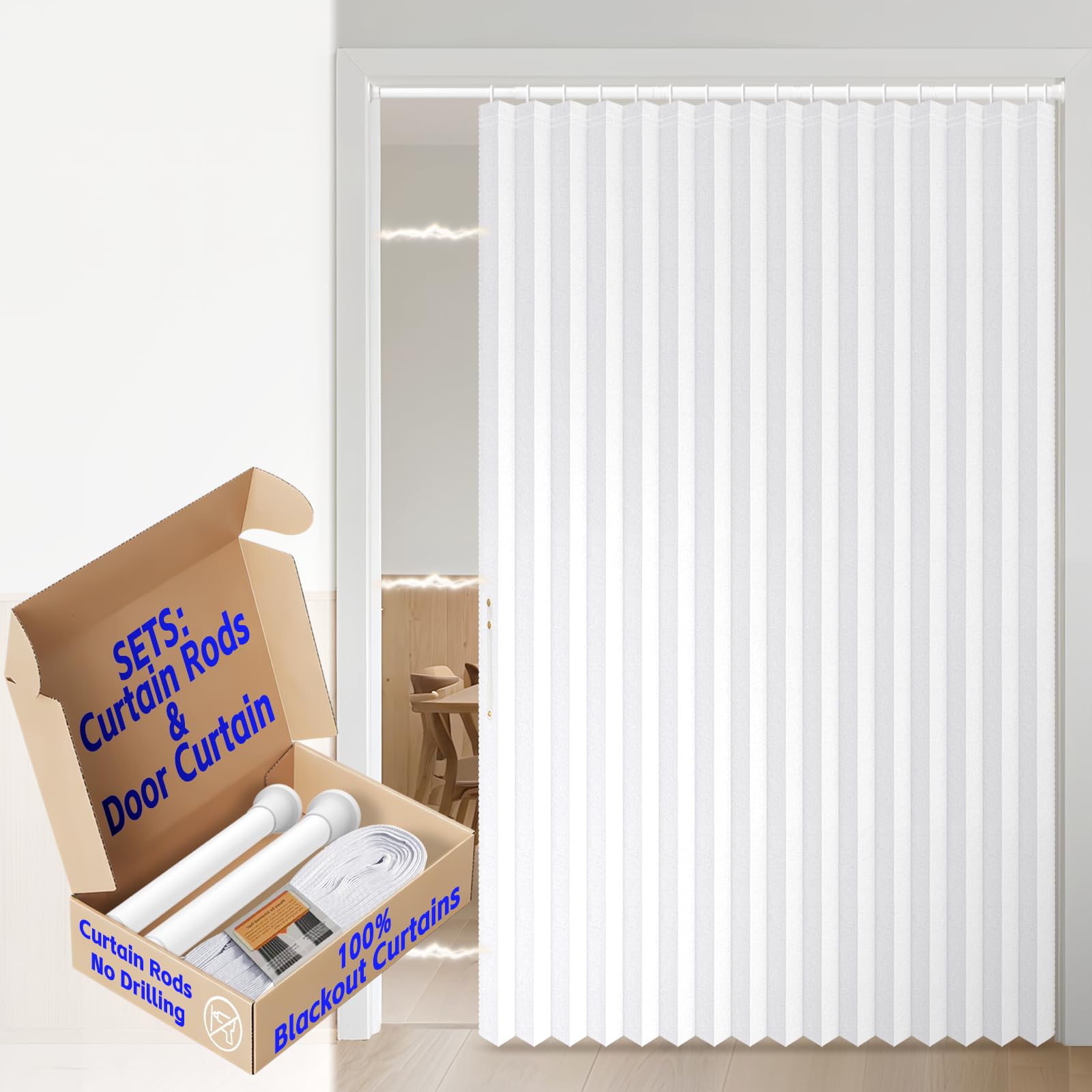 AJAZZ Blackout Accordion Doorway Curtain Set with Curtain Rods Adjustable 28-63" Long Magnetic Door Curtain Patio Door Invisible Folding Door for Bedroom Living Room (1 Pack, 72 W x 78 L, White)