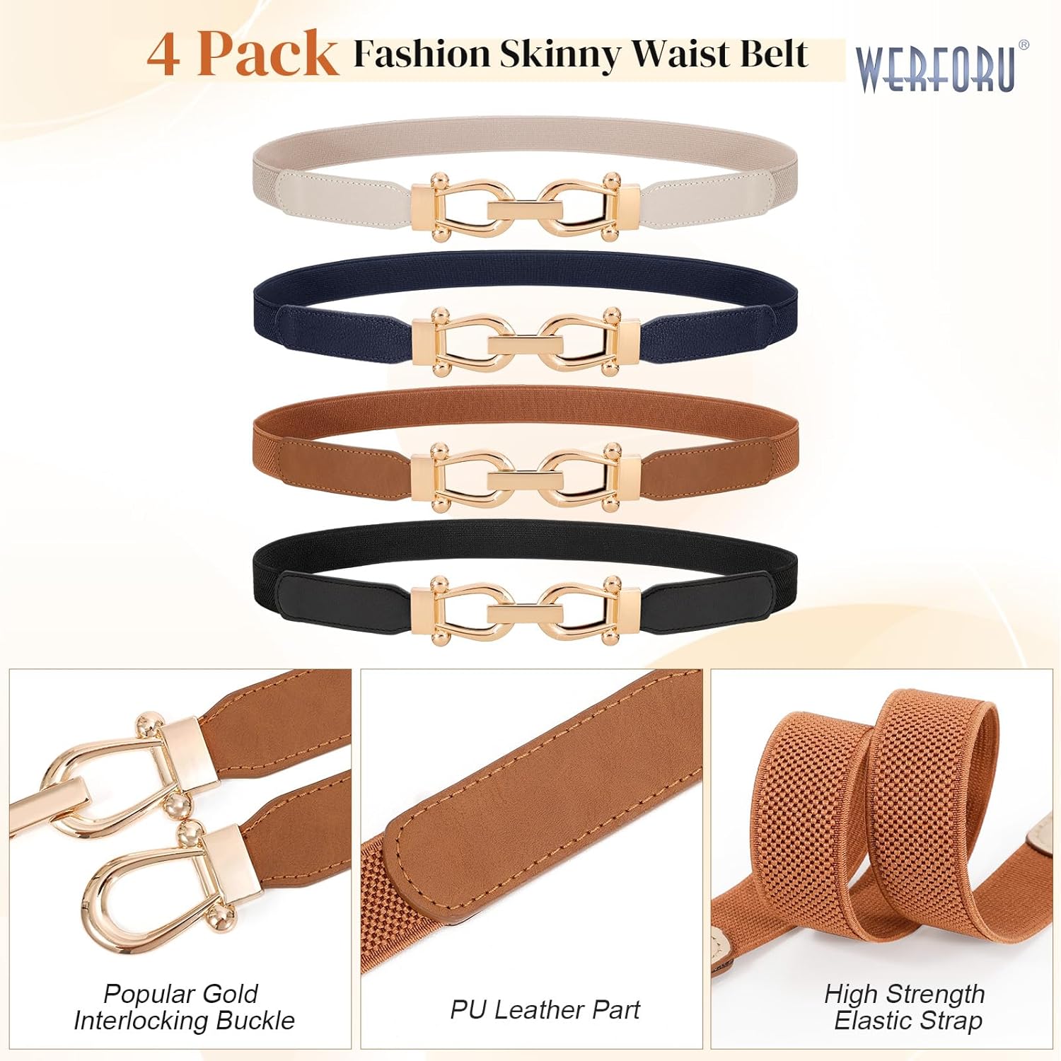 WERFORU 4 Pack Women Skinny Elastic Waist Belt Gold Buckle Stretchy Thin Belt for Jeans Dress - Image 3
