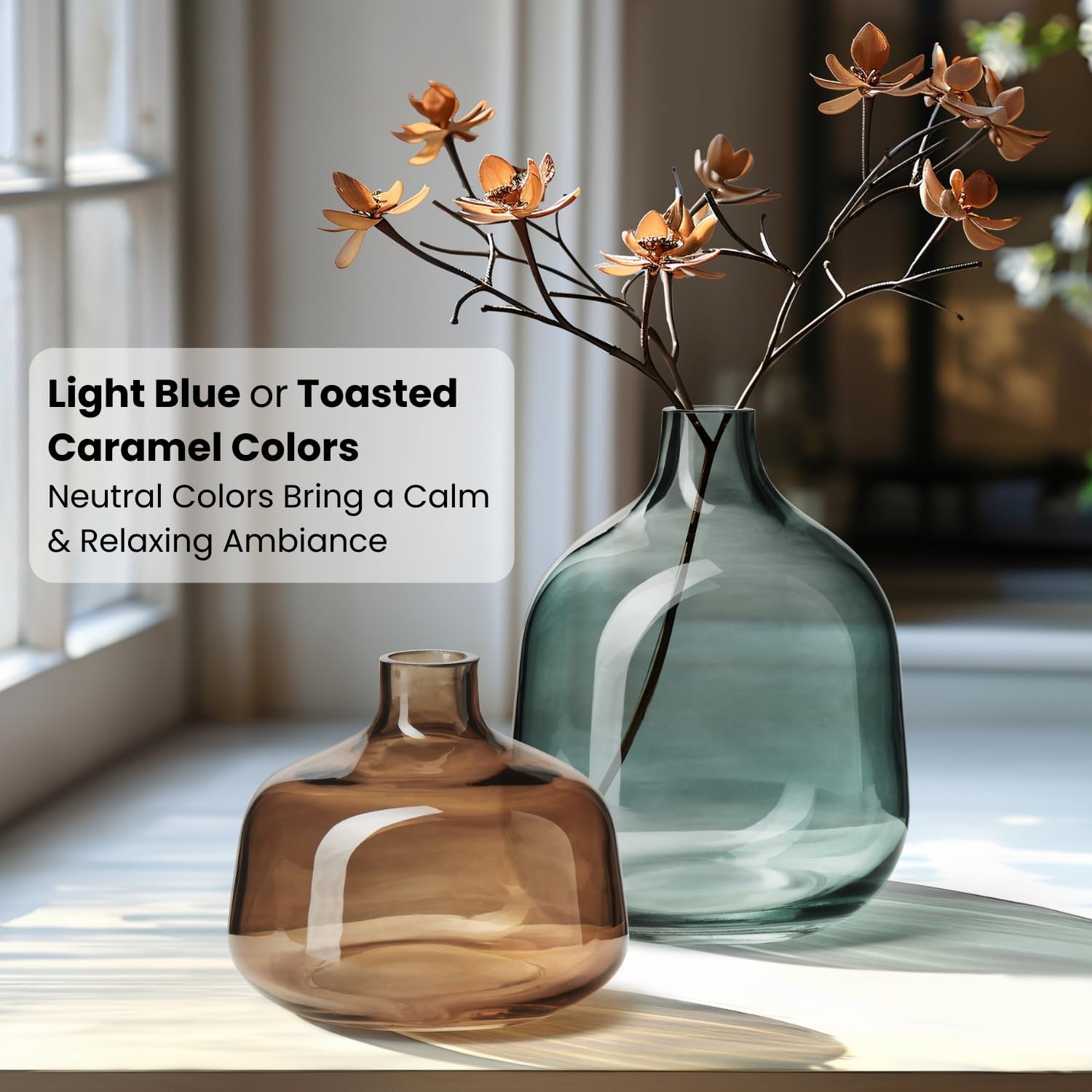 Torre & Tagus Belle Mouth Blown Art Glass Vase for Flowers - 4" Tall Clear Light Brown Colorful Vase, Handmade Small Brown Vases for Home Decor, Brown Bud Vases as Decorative Shelf Decor or Wedding