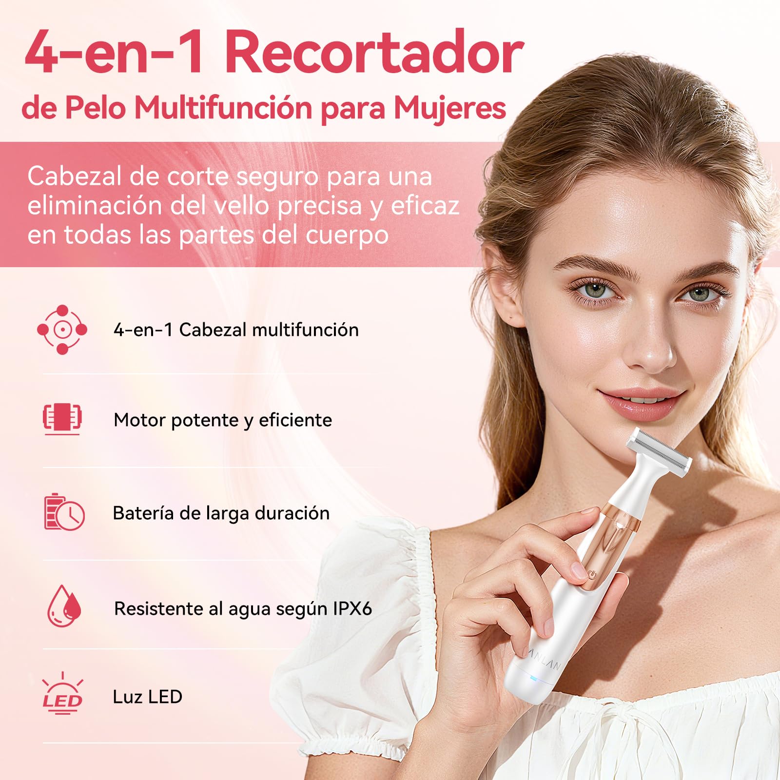 4 en 1 Afeitadora Eléctrica para Mujer, ANLAN Depiladora facial mujer, IPX6 carga rápida Type-C, luz LED, para rostro, cuerpo, cejas, zona del bikini y zonas íntimas