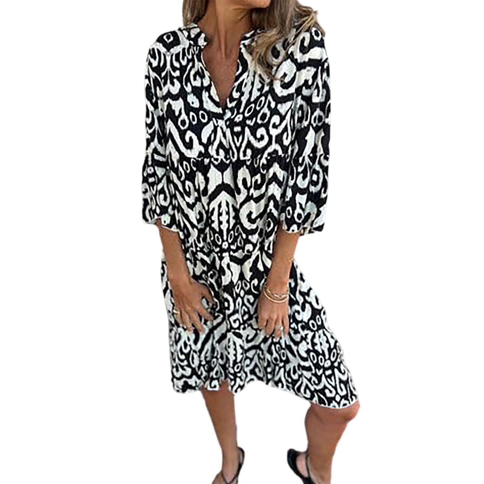 Boho-Kleid Damen Sommer 3/4 Ärmel Sommerkleid Damen Knielang A Linie Rüschen Bohemian Kleider Elegant Sommerkleider Leicht Und Luftig Blusenkleid V Ausschnitt Mit Knöpfen Strandkleid Frauen