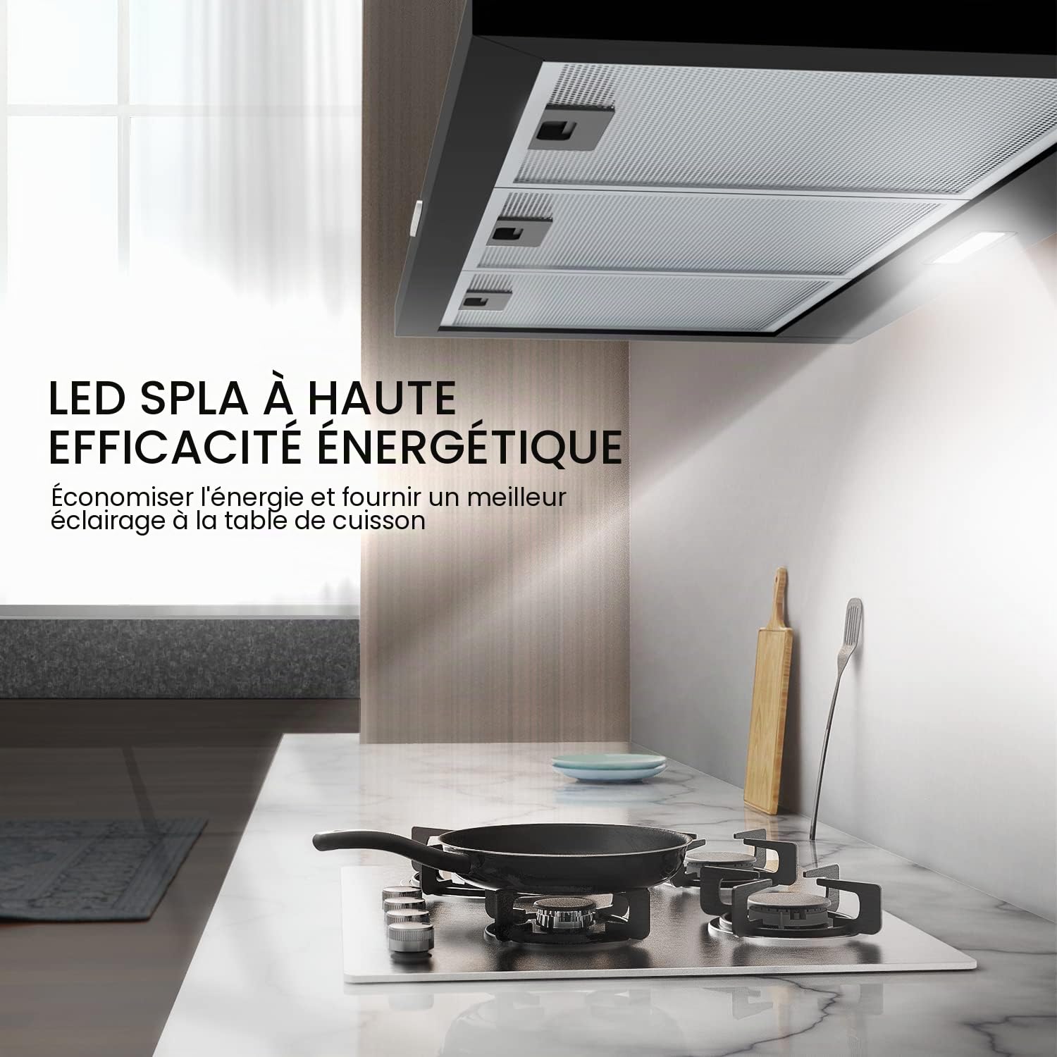 COMFEE Hotte aspirante 90 cm PYRA17B-90 noire pour hotte de cuisine avec LED, système de recirculation et canalisation et filtres à charbon