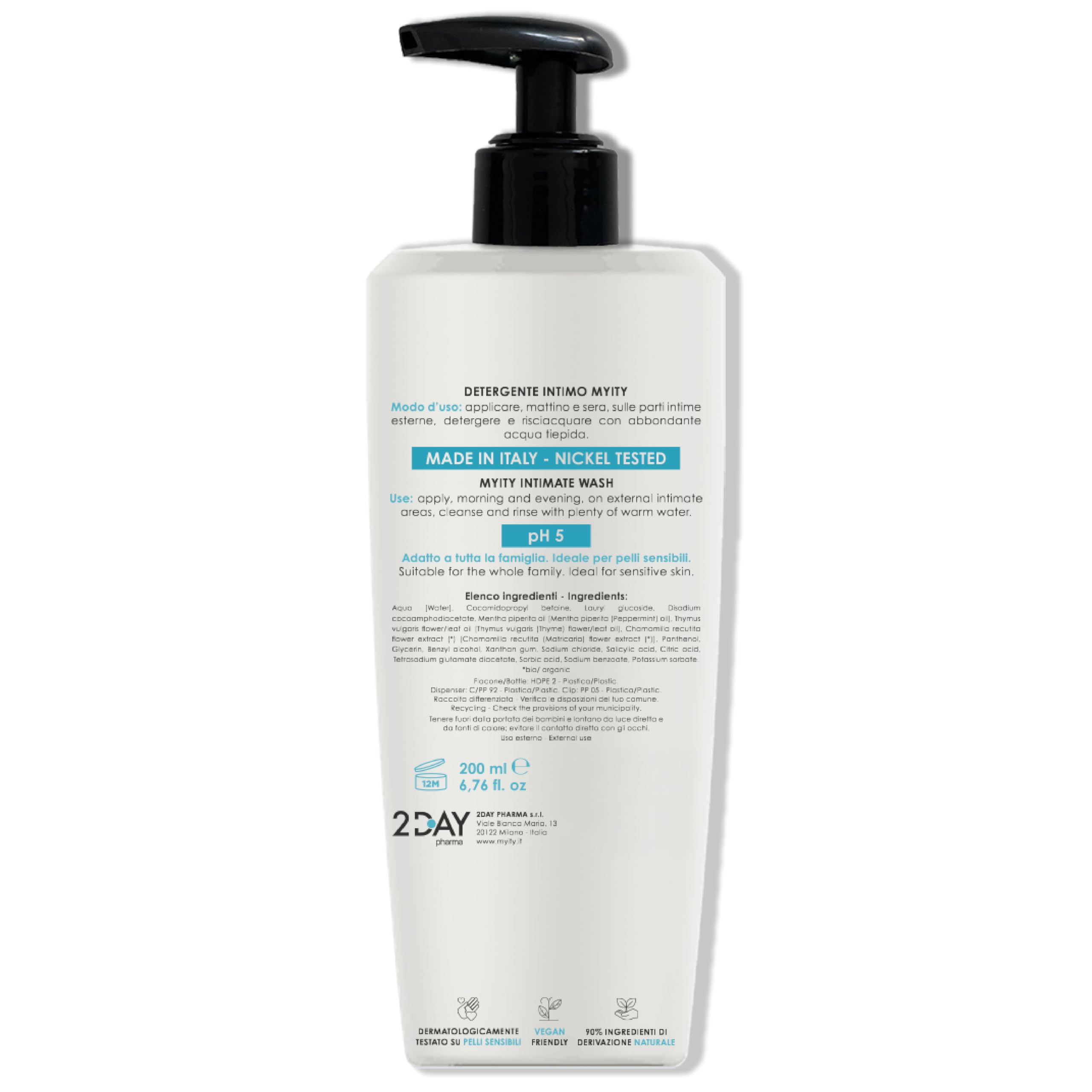 Detergente Intimo Myity pH 5 per Pelli Sensibili e Intolleranti - Delicato e Lenitivo, Azione Antibatterica e Rinfrescante - Naturale, Senza Profumo, Vegano, Nichel Tested