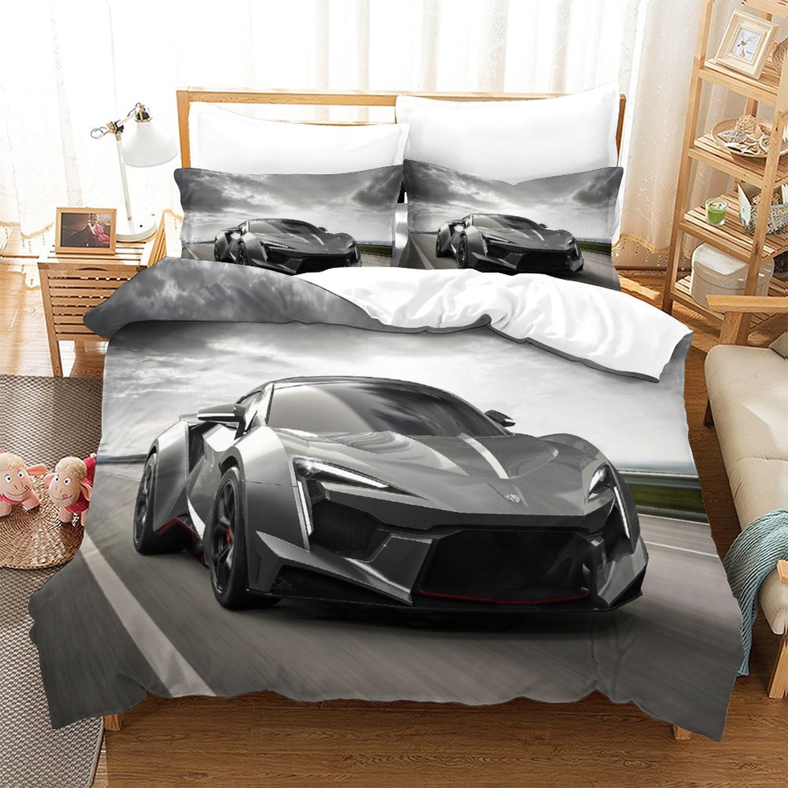 Copripiumino King Size (220x240 Cm) In Microfibra Con Stampa 3D Auto Sportive, 3 Pezzi Con Federe, Per Ragazzi E Ragazze