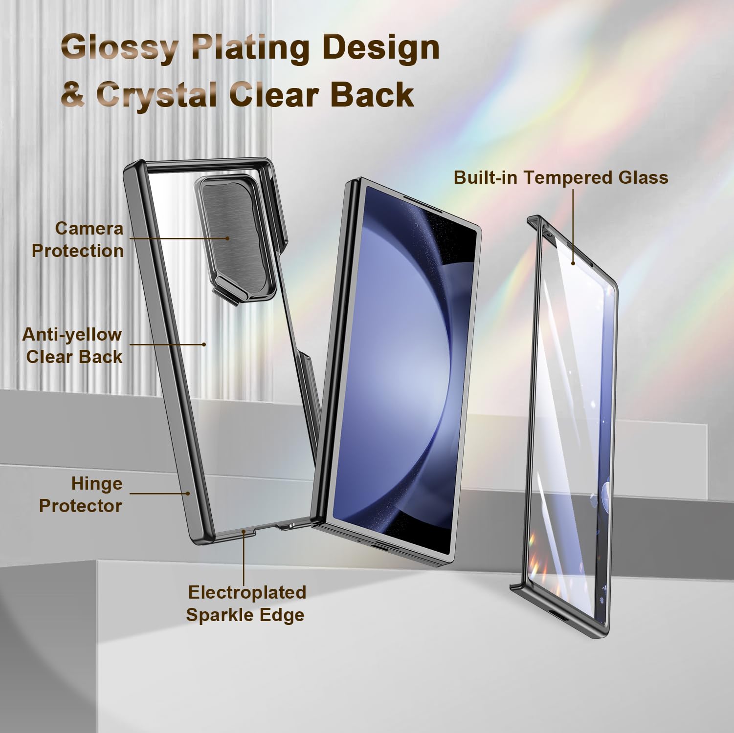 Custodia per Samsung Galaxy Z-Fold-6: con cavalletto per fotocamera, protezione per lo schermo anteriore, copertura protettiva completa, cover sottile per telefono con placcatura trasparente