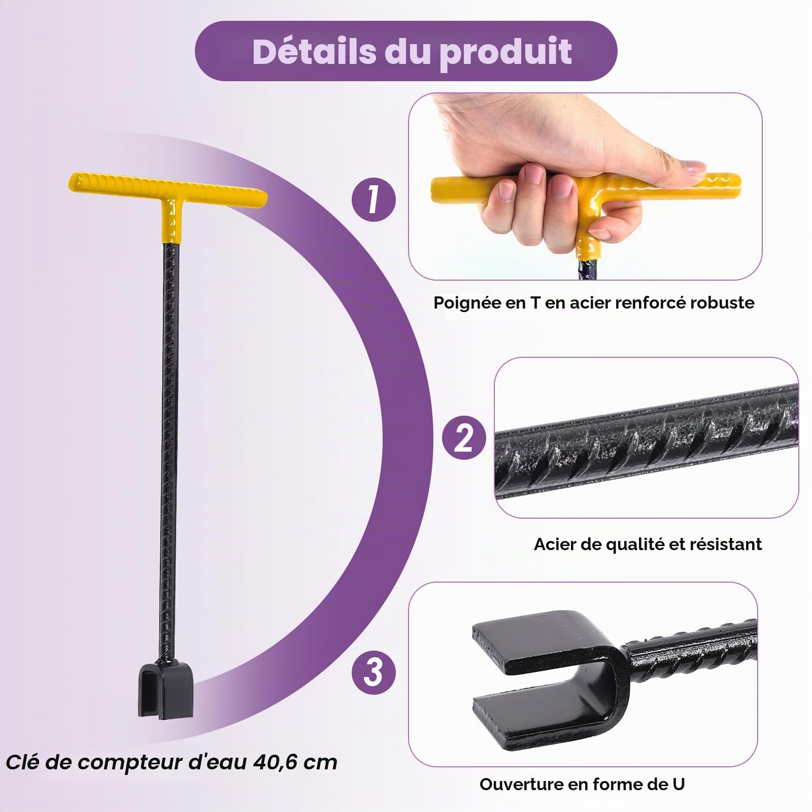 Swpeet 3 pièces Clé de compteur d'eau et robinet à quatre voies avec kit de combinaison d'outils utilitaires multifonctions à quatre voies, outil de coupure d'eau de clé de bordure de route de qualité