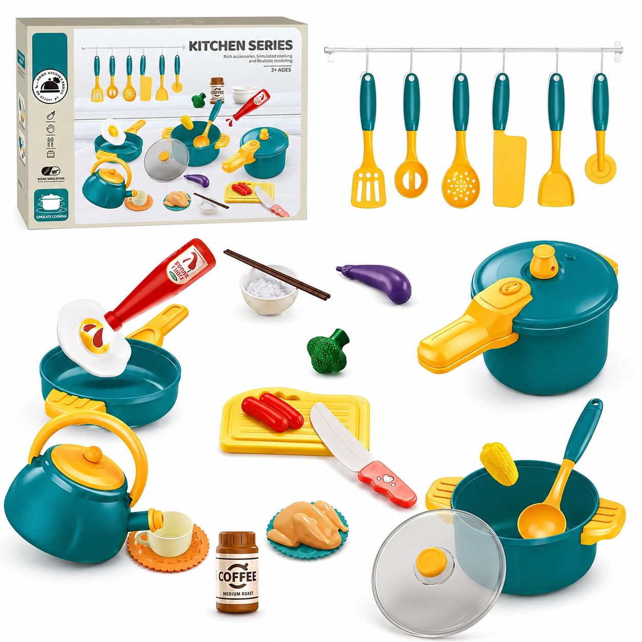Toyana Kids Pots and Pans Playset, 26 Pcs Realistic Kitchen Accessories with Play Food, Interactive Cooking Role Play Utensils, Educational Gift Toy for Children 3+ Years — image 1