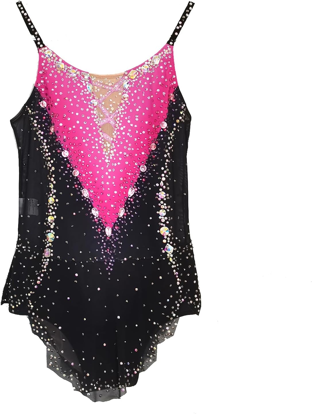 Girl's Black and Pink Artistic Gymnastics Suit with Suspenders for Performance and Practice