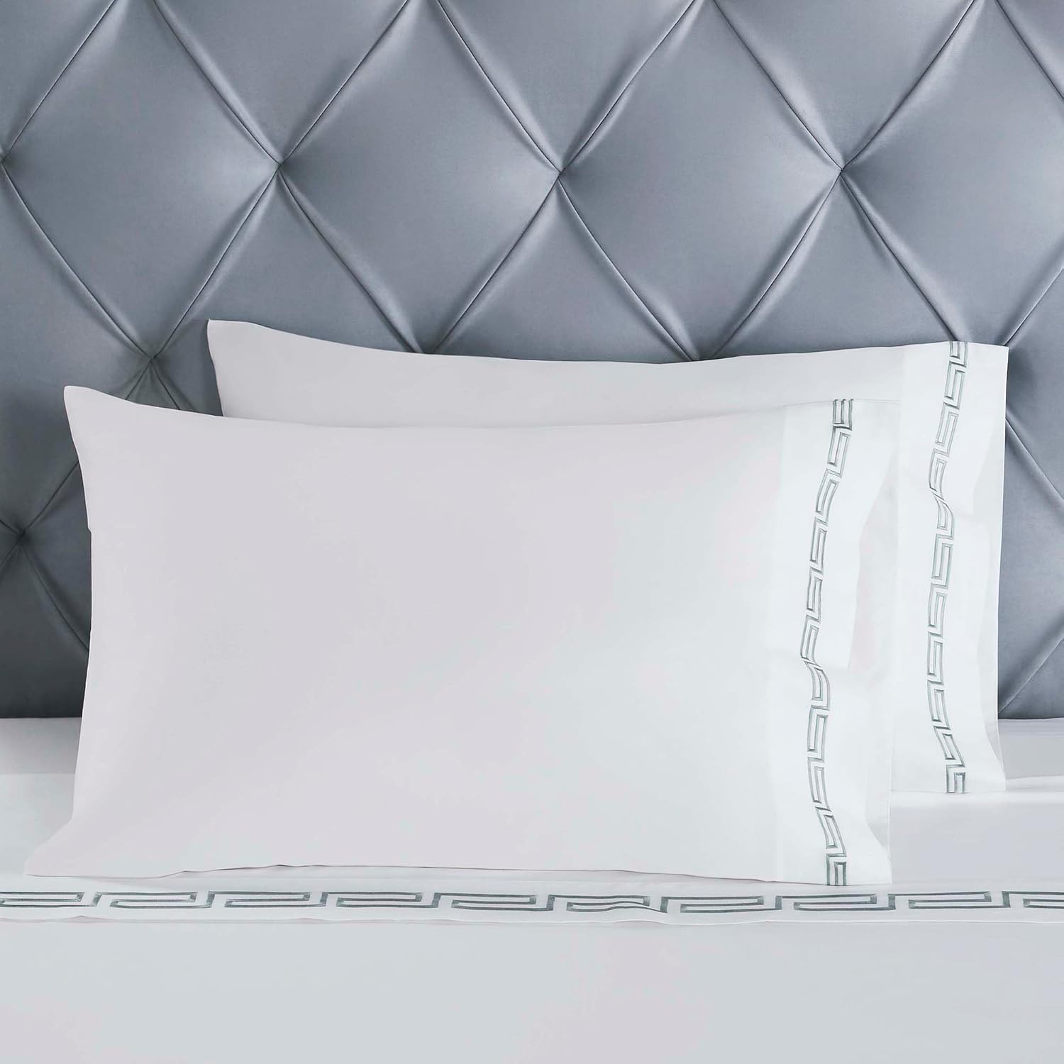 Superior Embroidered Cotton Bed Sheet Set, 1 Elastic Deep Pocket Fitted Sheet, 1 Flat Sheet, 2 Pillowcases, Daily Soft Sheets, Luxury, Greek Key Design, Harrison Collection, Queen, White-Silver