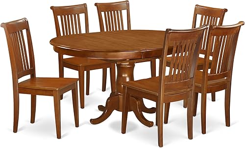 East West Furniture PORT7-SBR-W - Juego de mesa de comedor de 7 piezas compuesto por una mesa de cocina ovalada con hojas de mariposa y 6 sillas de