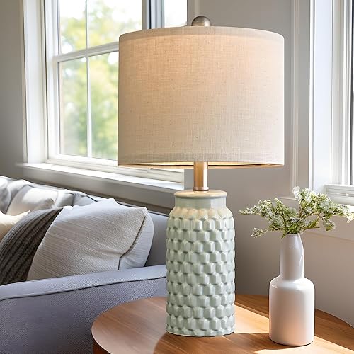 Miniatura 5 de Juego de 2 lámparas de noche modernas de cerámica verde de 20.5 pulgadas para decoración de dormitorio, lámpara de mesa de granja para sala de