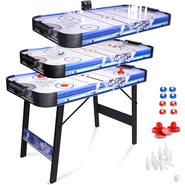 HLC - Mesa multijuego 3 en 1, Air Hockey Mesa, Bowling, Shuffleboard, con ventilador de 12 V, tamaño 130 x 61…