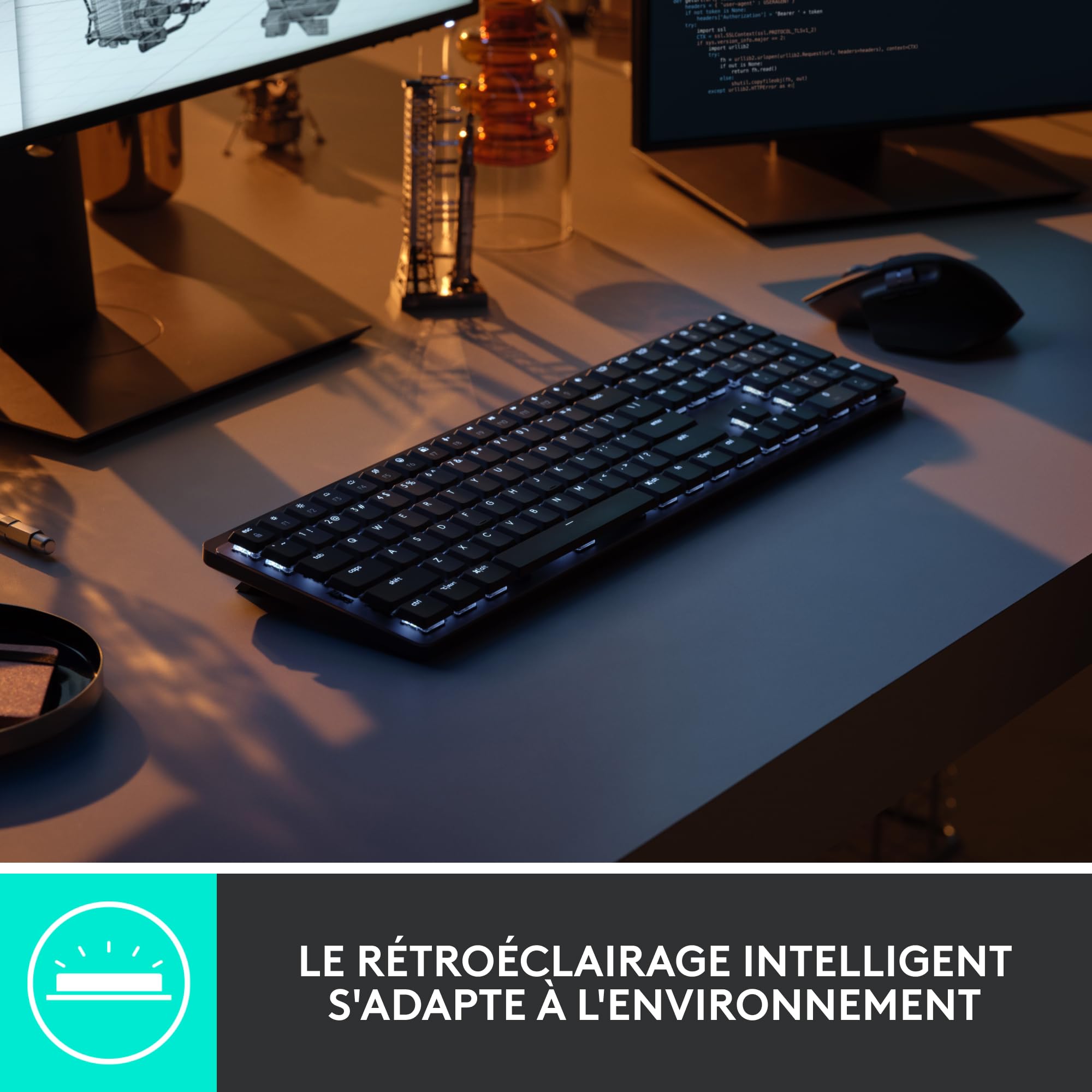 Logitech MX Mechanical Clavier sans Fil Rétroéclairé Performant, Boutons Tactiles Silencieux, Rétroéclairage, Bluetooth, USB-C, macOS, Windows, Linux, iOS, Android, Métal, Français AZERTY - Gris