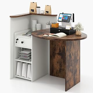Reception Desk, 48’’ Retail Counter w/Lockable Drawer & Storage Shelf, L-Shaped Reception Table, Wooden Computer Desk for Salon, Restaurant, Office (Rustic Brown & White)