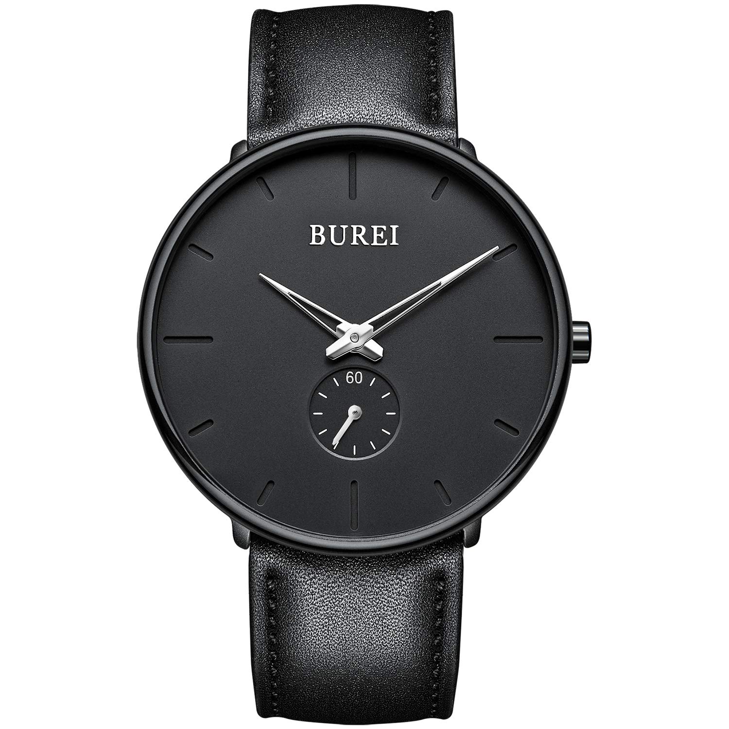 BUREI Men's Fashion Minimalist Wrist Quartz Watches with Stainless Steel Black Dial Black Strap (Black White)