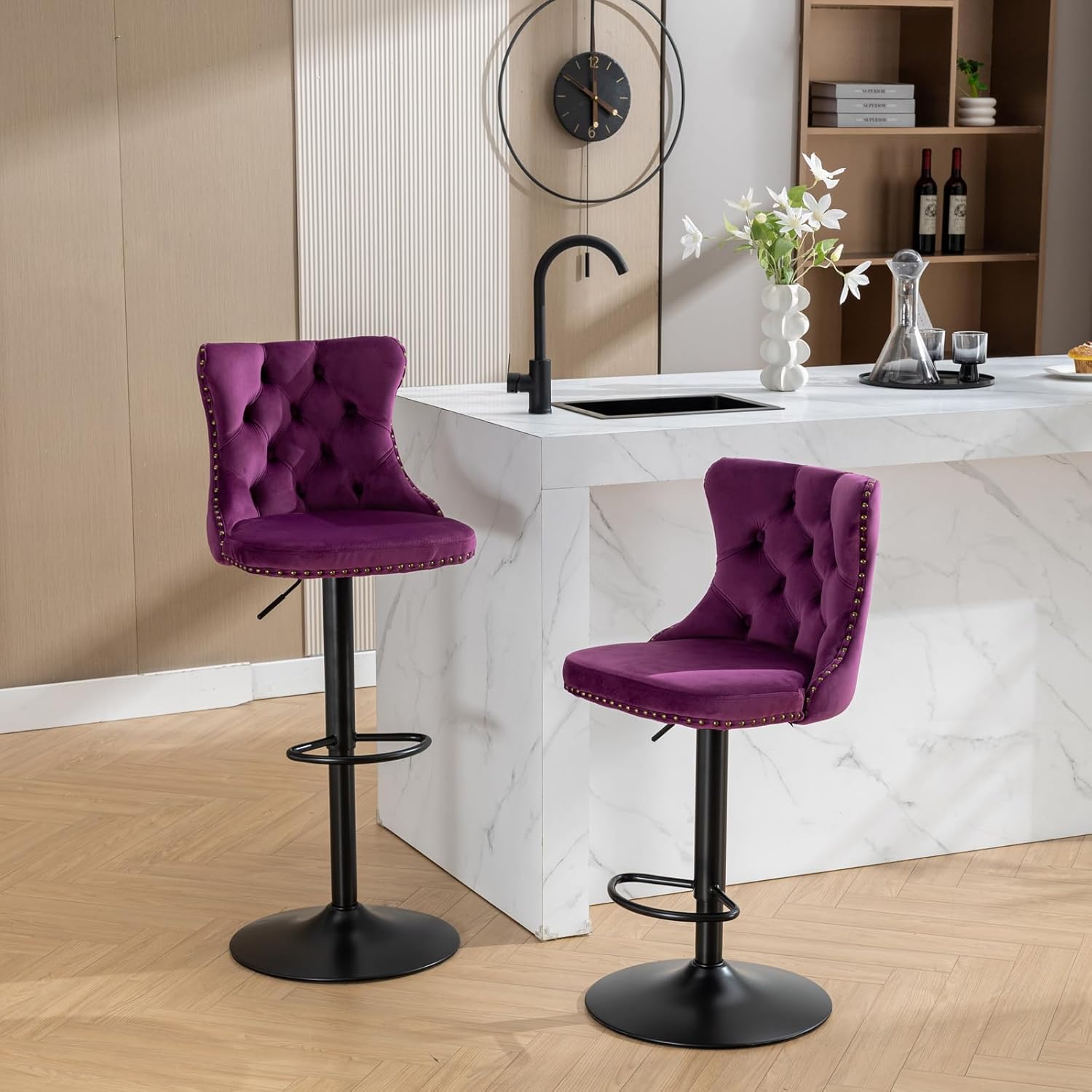 Purple Bar Stools Set of 2, Adjustable Upholstered Counter Height Barstools with Back and Black Footrest, Modern Velvet Swivel Barstools for Kitchen Counter, Purple