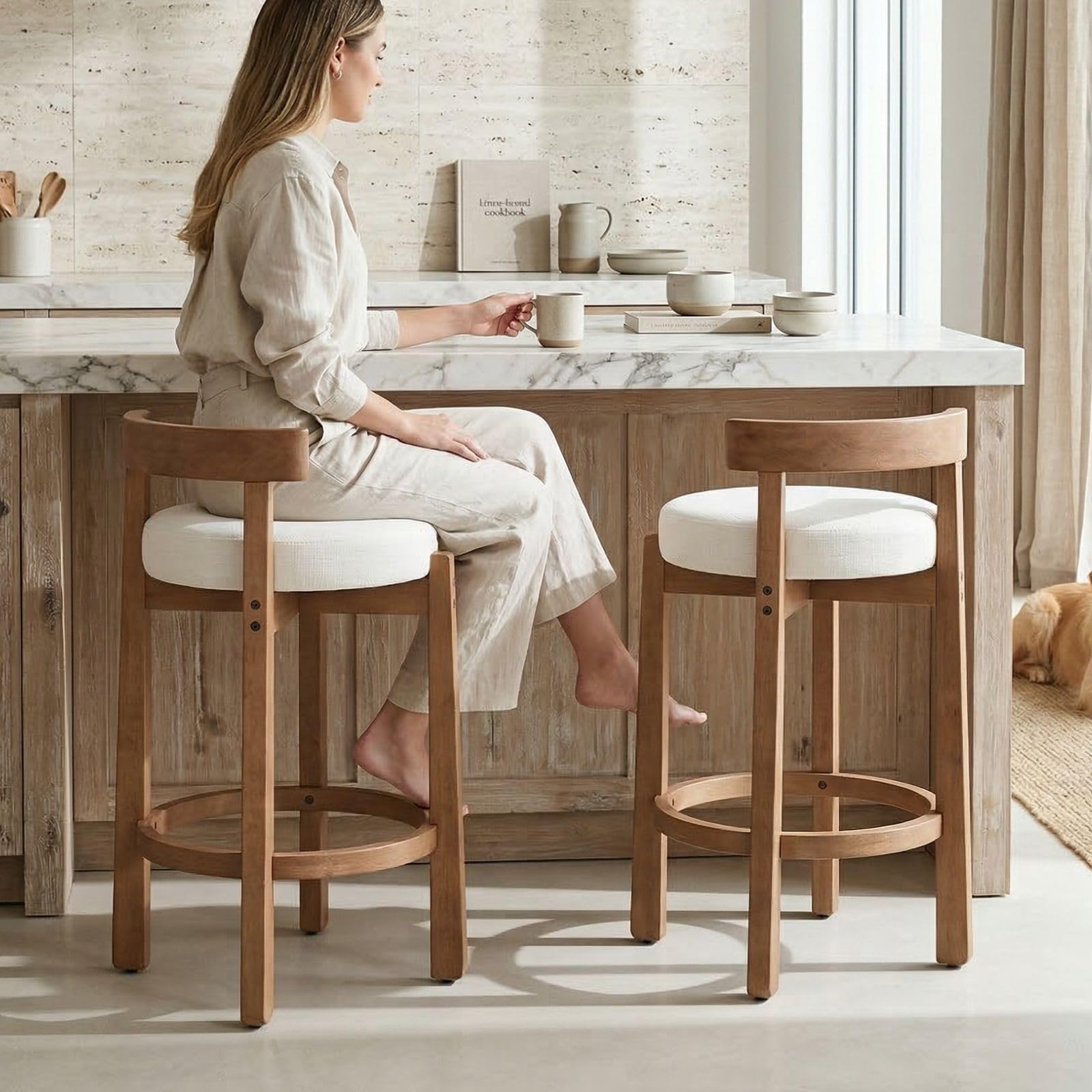 DUOMAY Modern Bar Stools Set of 2, 26" Counter Height Stools, Armless Round Wood Barstools Kitchen Island Stool with Linen Seat for Home Bar Coffee