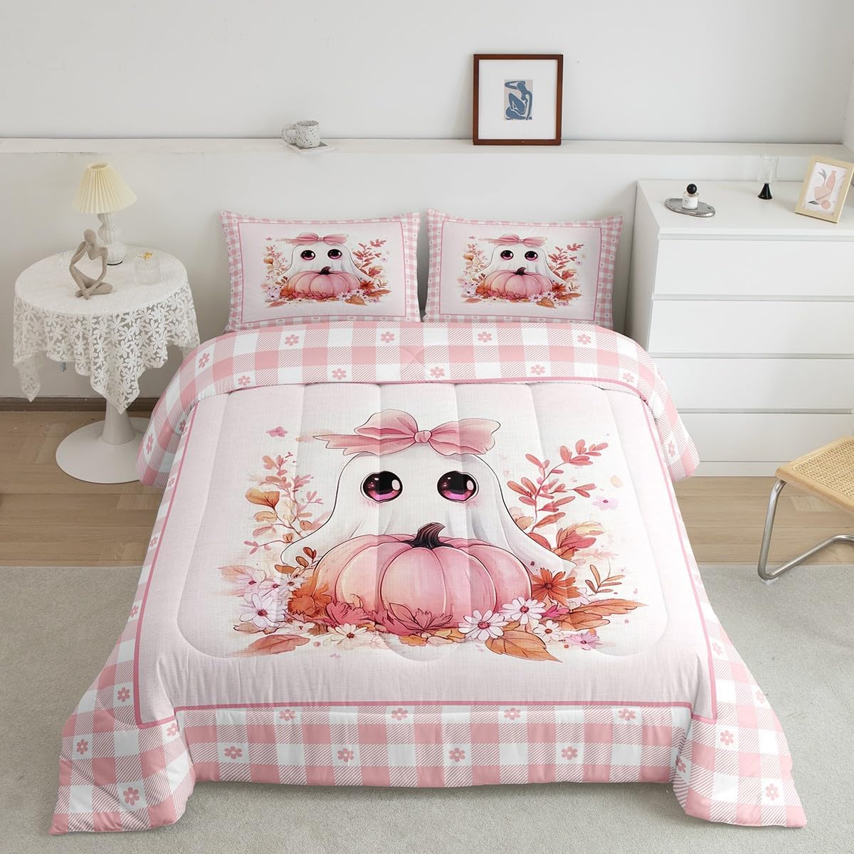 Manfei Cartoon Ghost Comforter Set Twin Size,Halloween Pumpkin Daisy Flowers Autumn Fall Bedding Set,Girls Women Room Decor,Pink Bowknot Geometric Grids Down Comforter,Cute Duvet Insert,1 Pillowcase