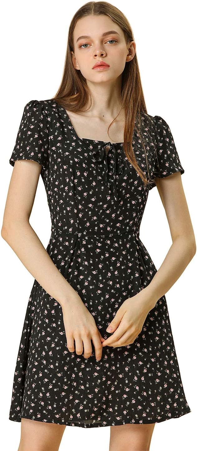 Allegra K Women's Printed Dress Summer 2025 Casual Square Neck Short Sleeve Fit and Flare Dresses - Image 2