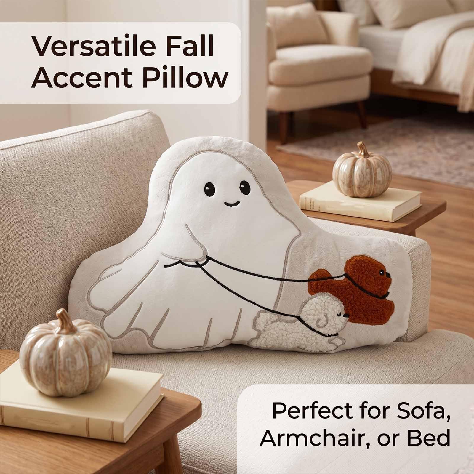 Generisch Niedliches Dekokissen in Geisterform mit wandelnden Hunden | Flauschiges Geisterkissen mit Stickerei und 3D-Plüschwelpen, Herbst-Wohndekoration, weiche Halloween-Wurfkissen Sofa(3pcs)