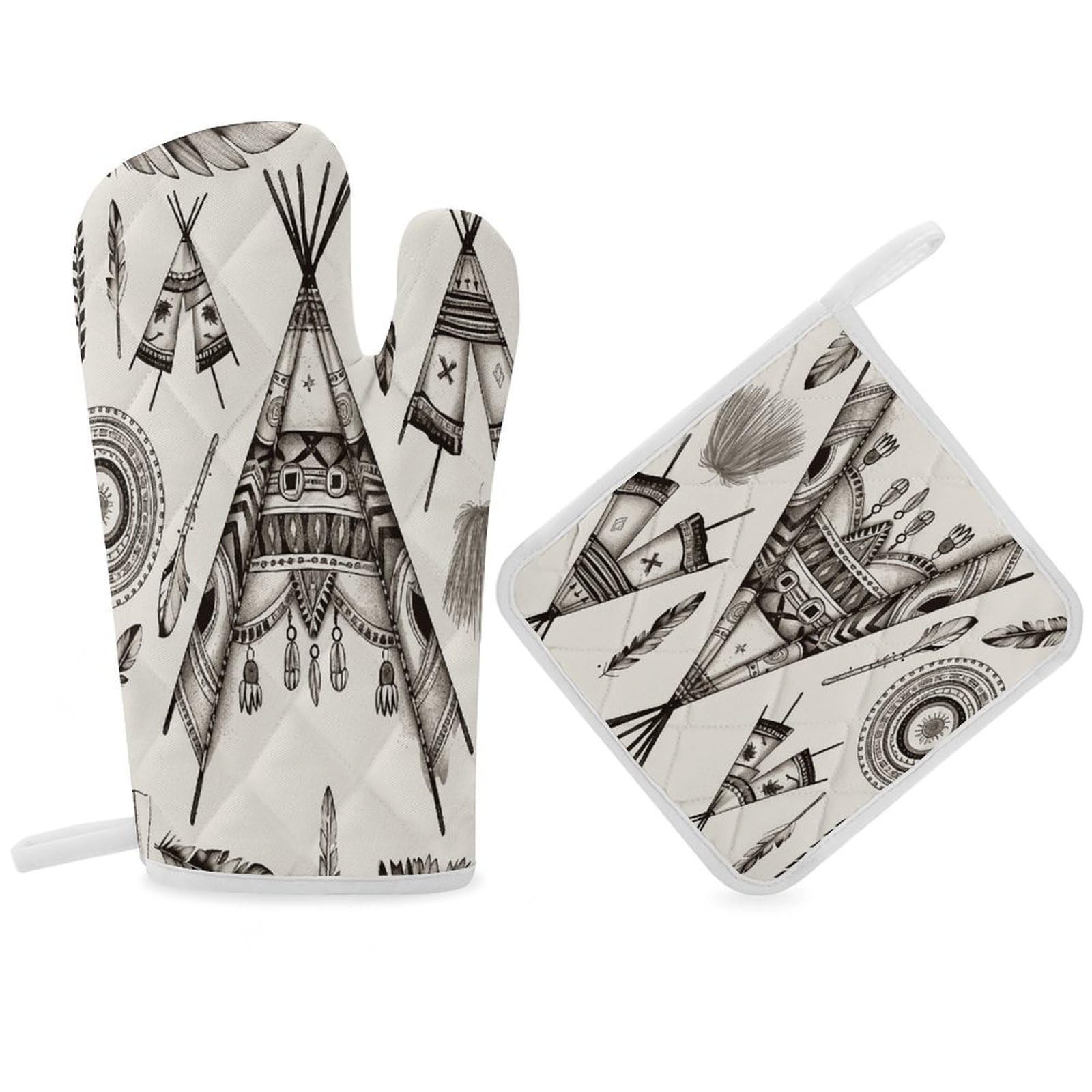 Fodpand Women's Style Feather Head Band Teepee Tent Oven Mitts And Pot Holders Sets,Oven Gloves For Kitchen Oven Mitts And Potholders For Baking Cooking Grilling Apartment Essentials