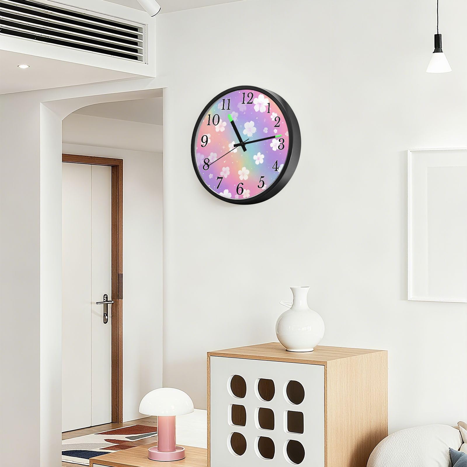 Mnsruu Reloj de pared luminoso con diseño de flores y arcoíris con purpurina, funciona con pilas, reloj silencioso que brilla en la oscuridad, para sala de estar, cocina, 12 pulgadas