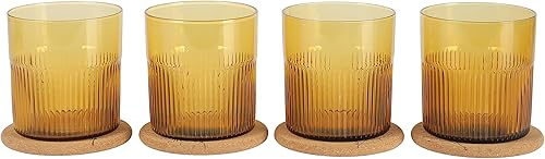 Lyon Sky - Juego de 8 piezas hechas a mano de 16 onzas de vidrio de color amarillo tumérico doble con posavasos