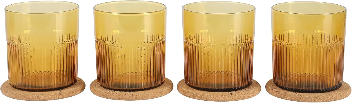 Bloomhouse Lyon Sky 4 Piece Hand Made 16 OZ Turmeric Yellow Colored Glass Double Old Fashioned Set w/Four Coasters