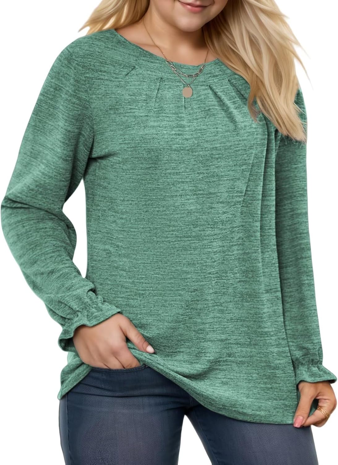 DOLNINE Womens-Plus-Size-Sweatshirts Ruffle Long Sleeve Fall Tops Casual Loose Pleating Shirts Dressy Crewneck Tunic Blouses - Image 2