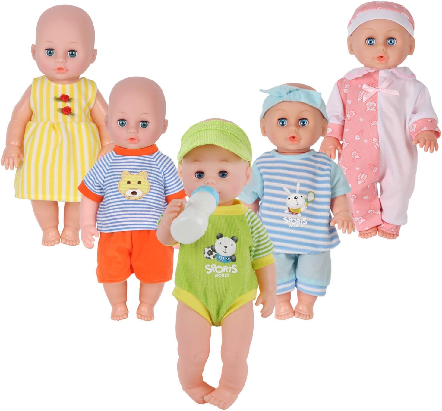 Set of 5 Baby Doll Clothes Accessories (NO Doll) with Feeding Bottle,for 12-13-14 Inch Newborn Reborn Alive Baby Dolls, Dress Clothing Outfits, Toy for Kids Children Toddler Birthday Xmas Present