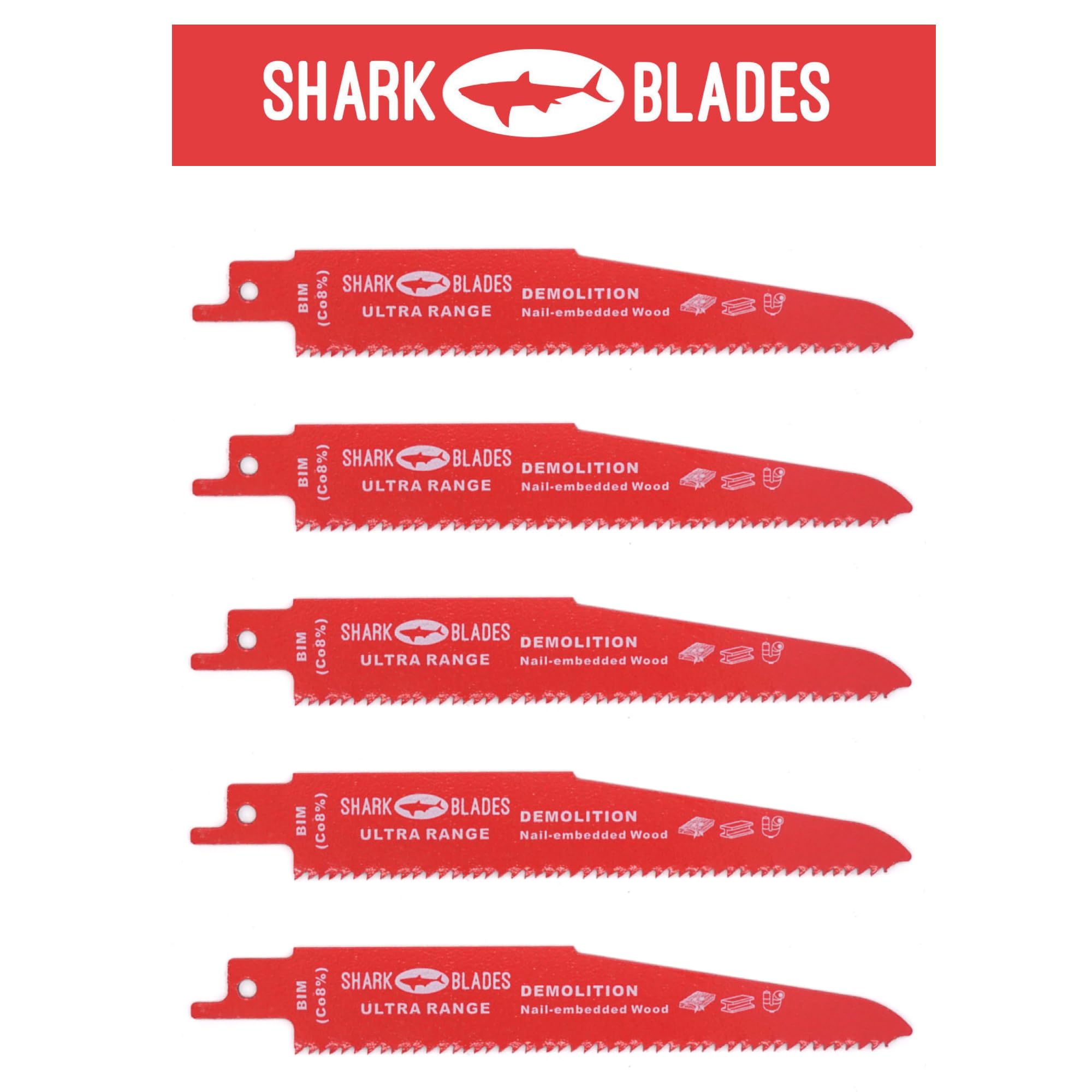 Shark Blades 5x Demolition Reciprocating Saw Blades S1534HM (R610DF), Carbide-Tipped for Nail-Embedded Wood, Metal & Plastic