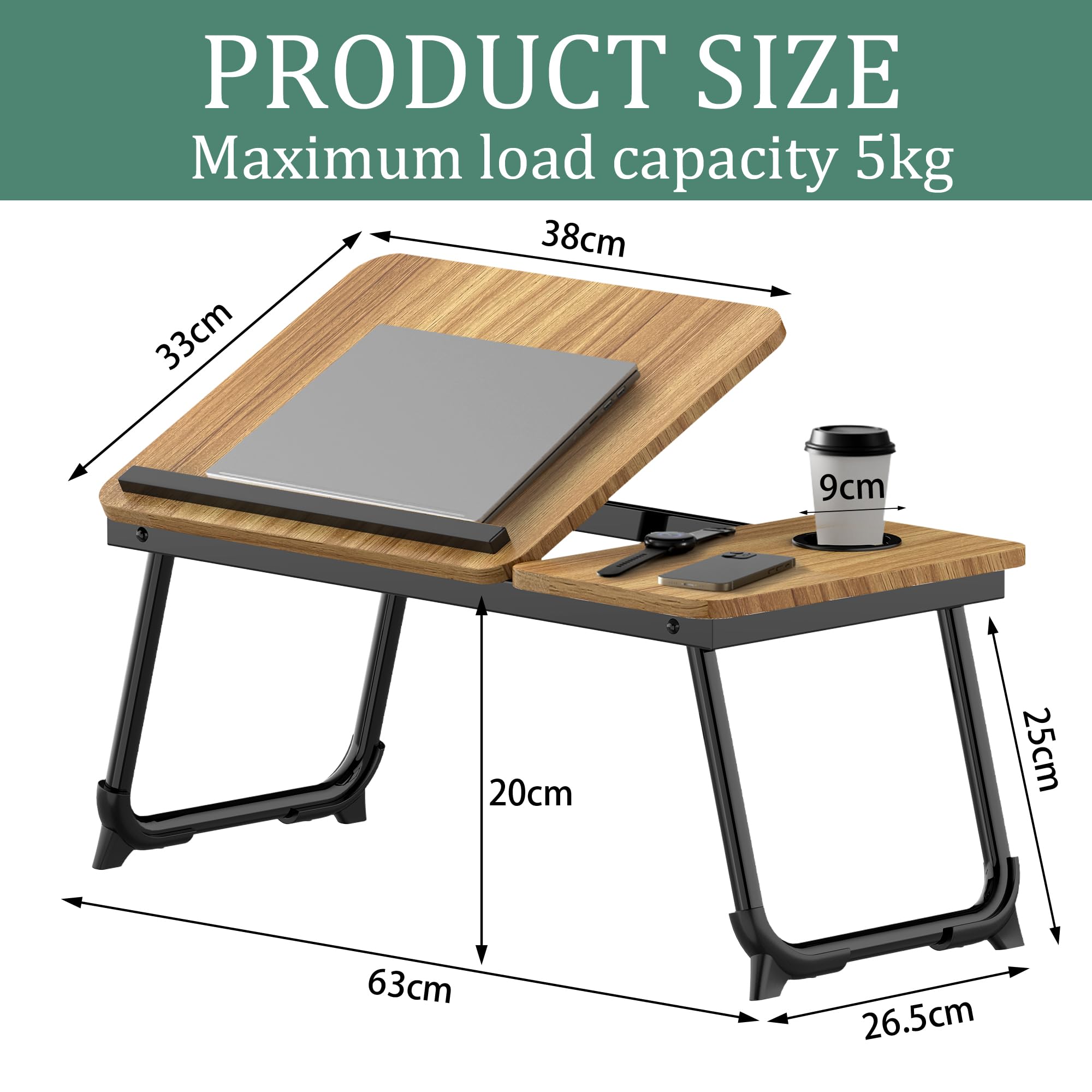 Soontrans Mesa para Cama 63 x 27 x 33 CM, Mesa Cama con Portavasos, Ángulo Ajustable, para Sofa, Suelo, Trabajar, Estudiar, Leer, Plegable (Madera)