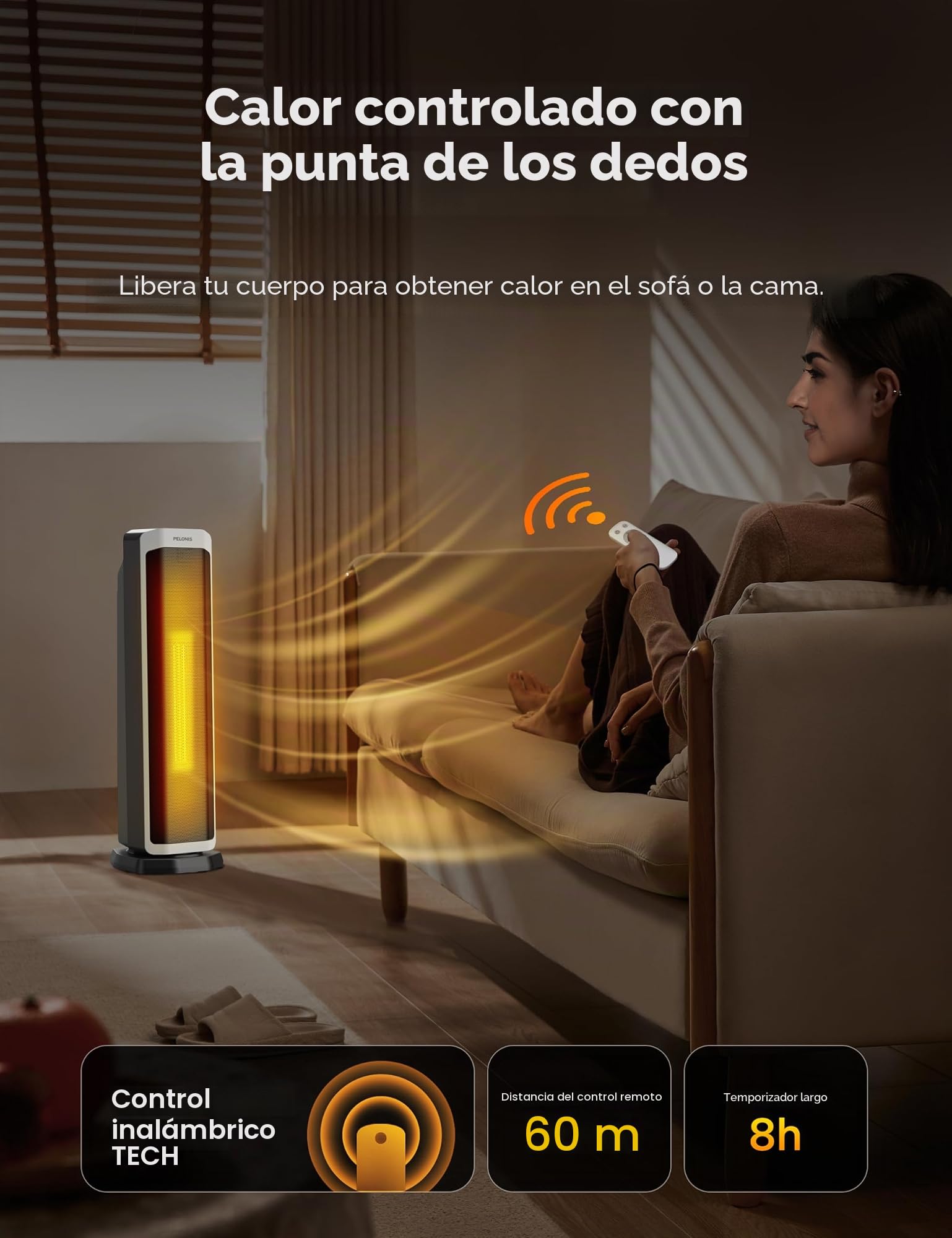 PELONIS Calefacción eléctrica 2 en 1, 2000 W, con control remoto, ahorro energético, calentador de cerámica portátil, oscilación de 75 grados, termostato ajustable, inclinación y