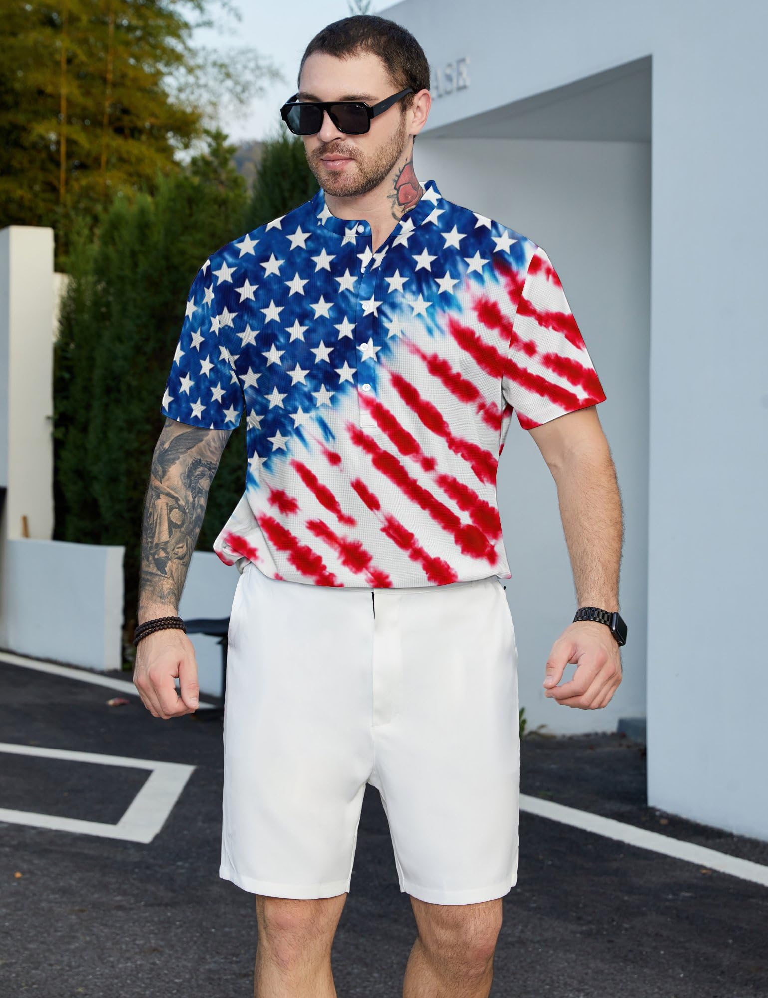 Camisa polo hawaiana Henley de manga corta para hombre, secado rápido, estampado divertido, casual, sin cuello, para golf