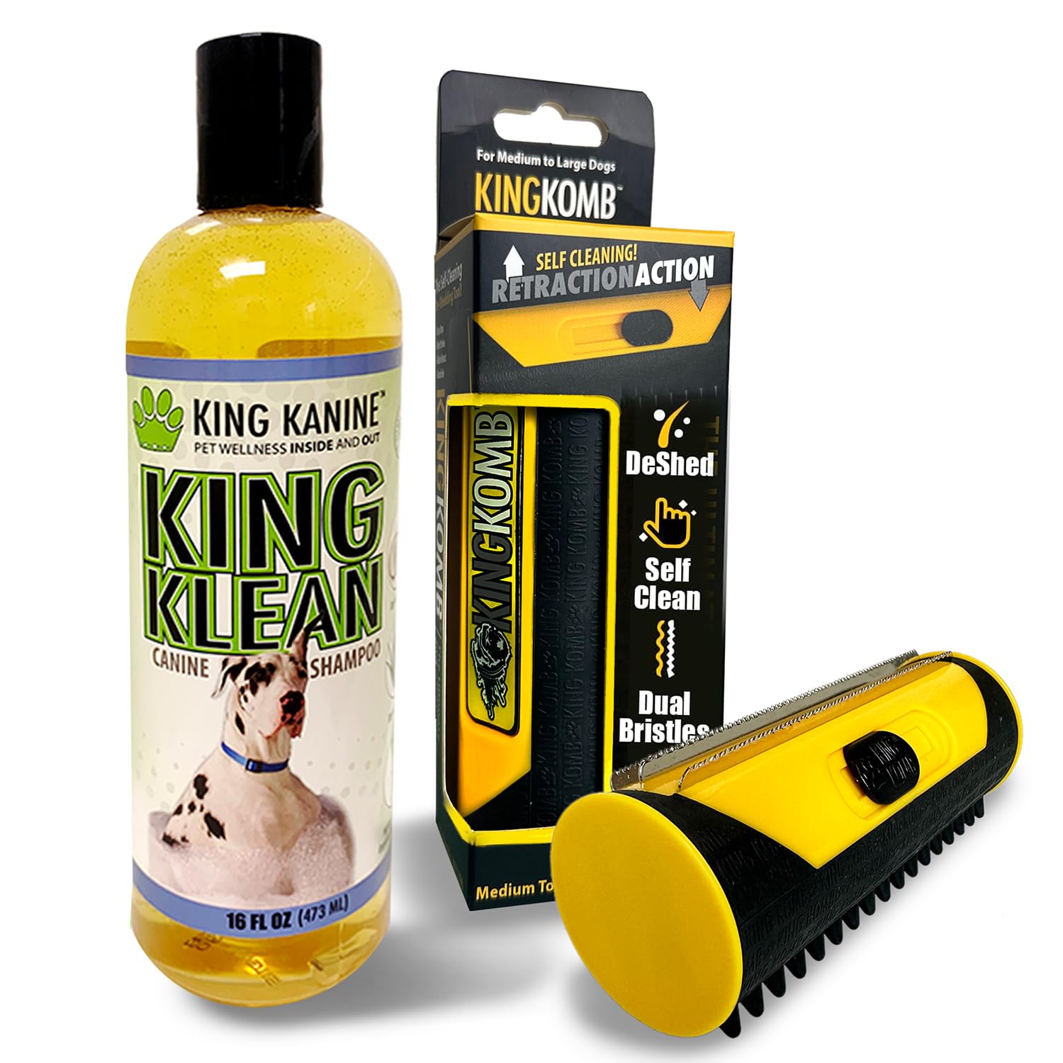 King Kanine Deshedding Dog Brush and Dog Shampoo - Dog Shampoo Sensitive Skin Bundle - Reduces Shedding, Cleanses and Soothes Skin – Dog Grooming Brush for Medium, Large Coats and Cats