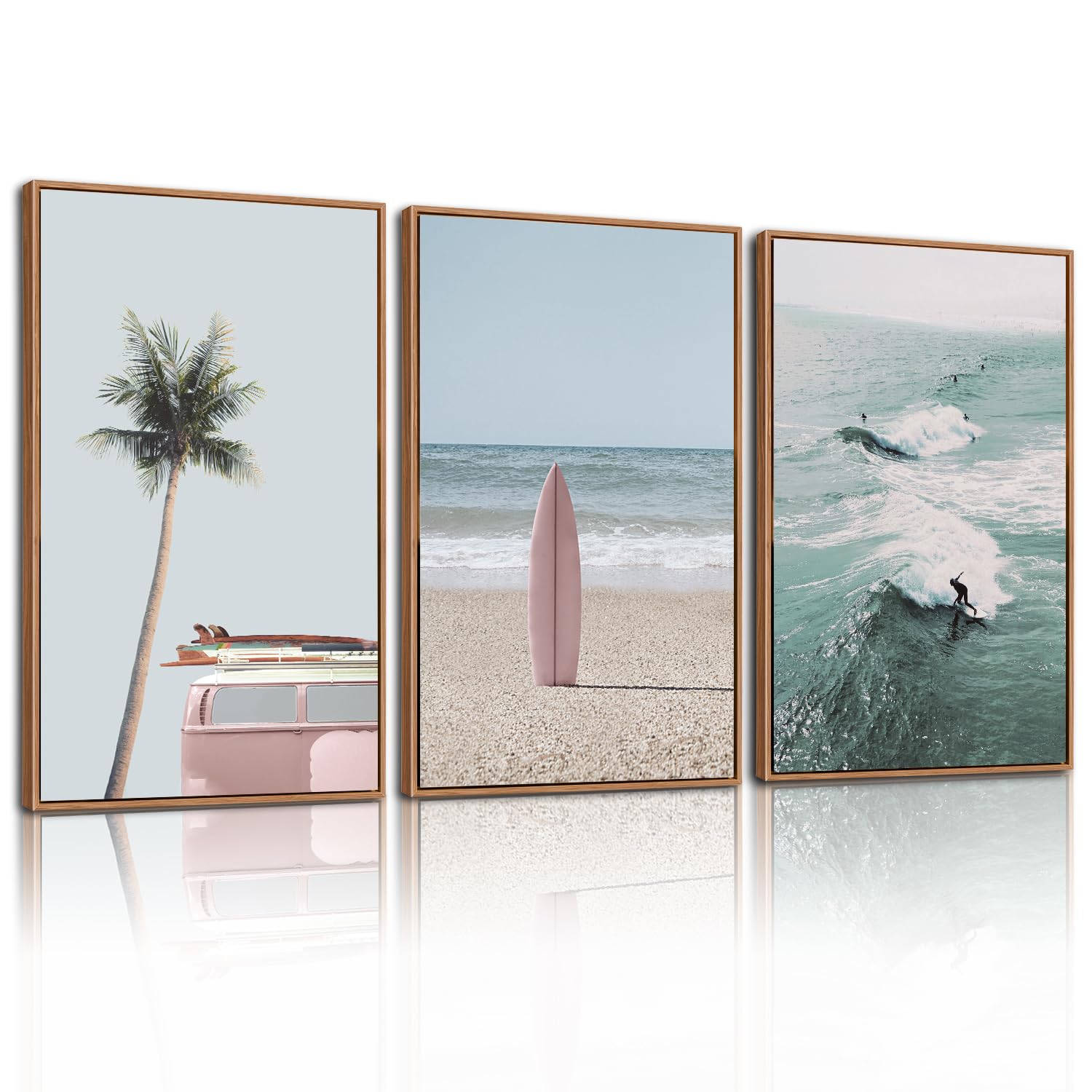 CHDITB Ocean Beach Framed Canvas Wall Art Set, Coastal Surfboard Wall Decor,Summer Coconut Tree Sea Wall Painting, Modern Surfing Art Prints for