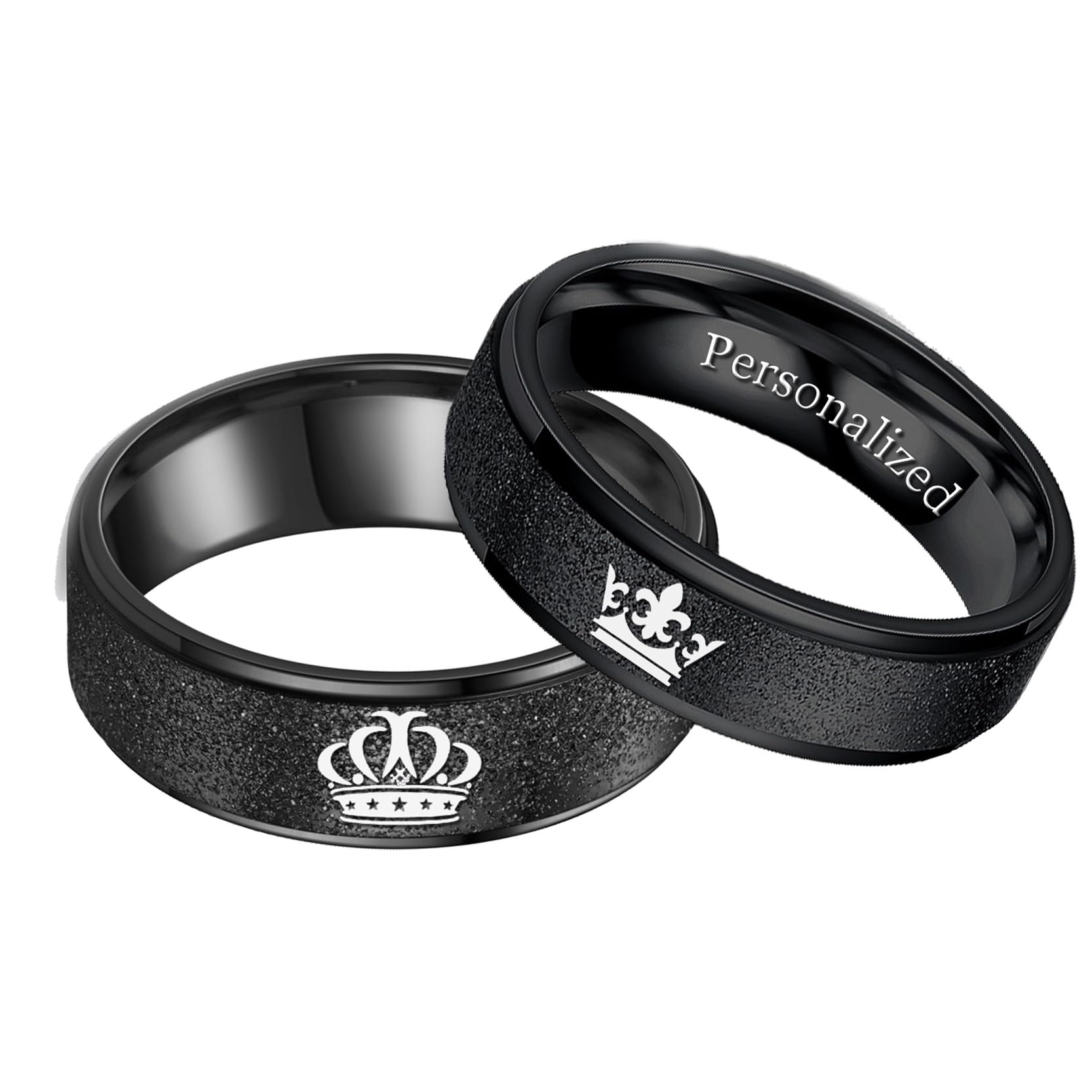 Ihanskio Anillos de pareja Promsie a juego, color negro, con la corona de su rey y su reina, grabados, mate, anillos de compromiso y boda de acero de titanio, Metal