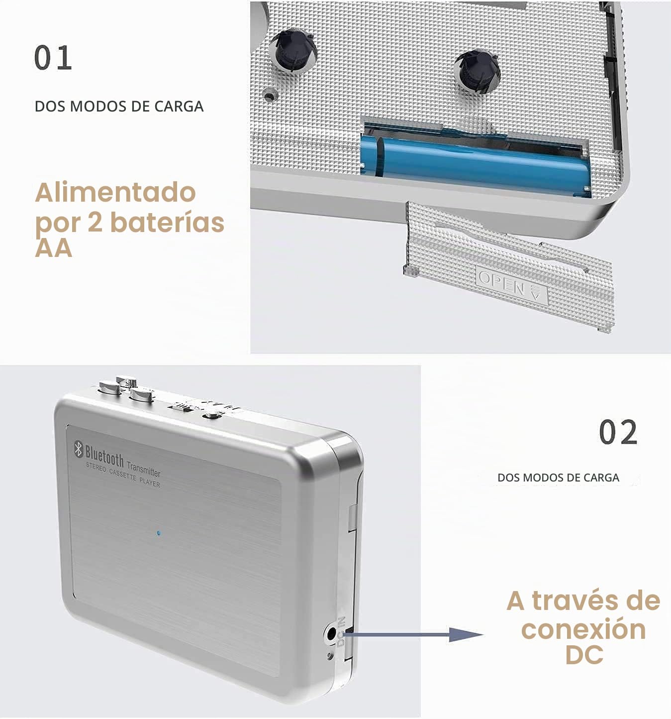 Reproductor de cassette Bluetooth, reproductor de cassette portátil con salida de audio Bluetooth para auriculares/altavoz, reproductor de música inalámbrico para ocio, deportes y viajes