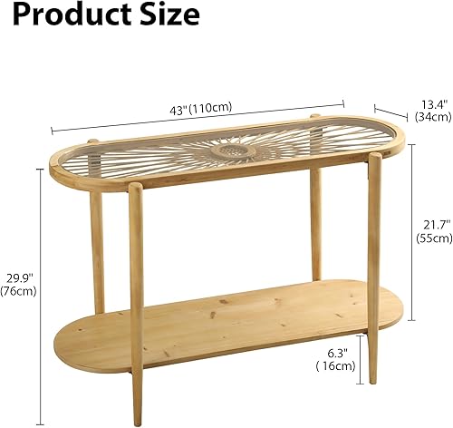 Miniatura 2 de RUSTOWN Mesa consola de ratán, mesa de entrada bohemia de 2 niveles con parte superior de vidrio templado y patas de madera, mesa de sofá moderna de
