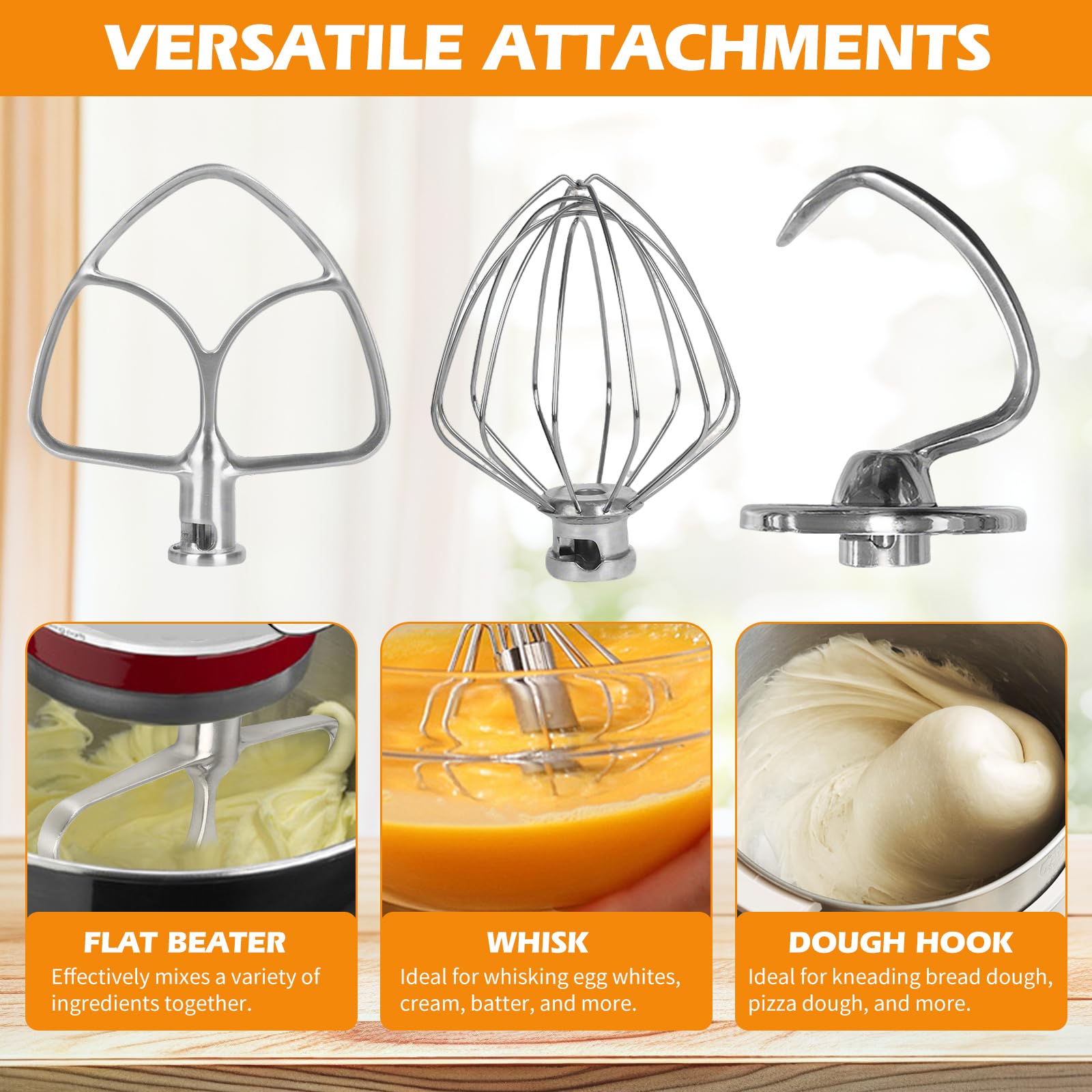 3PCS Batidor Varillas Espuma y Gancho Amasar Acero inoxidable para Artisan y Classic Serie 4,5 – 5 Quart