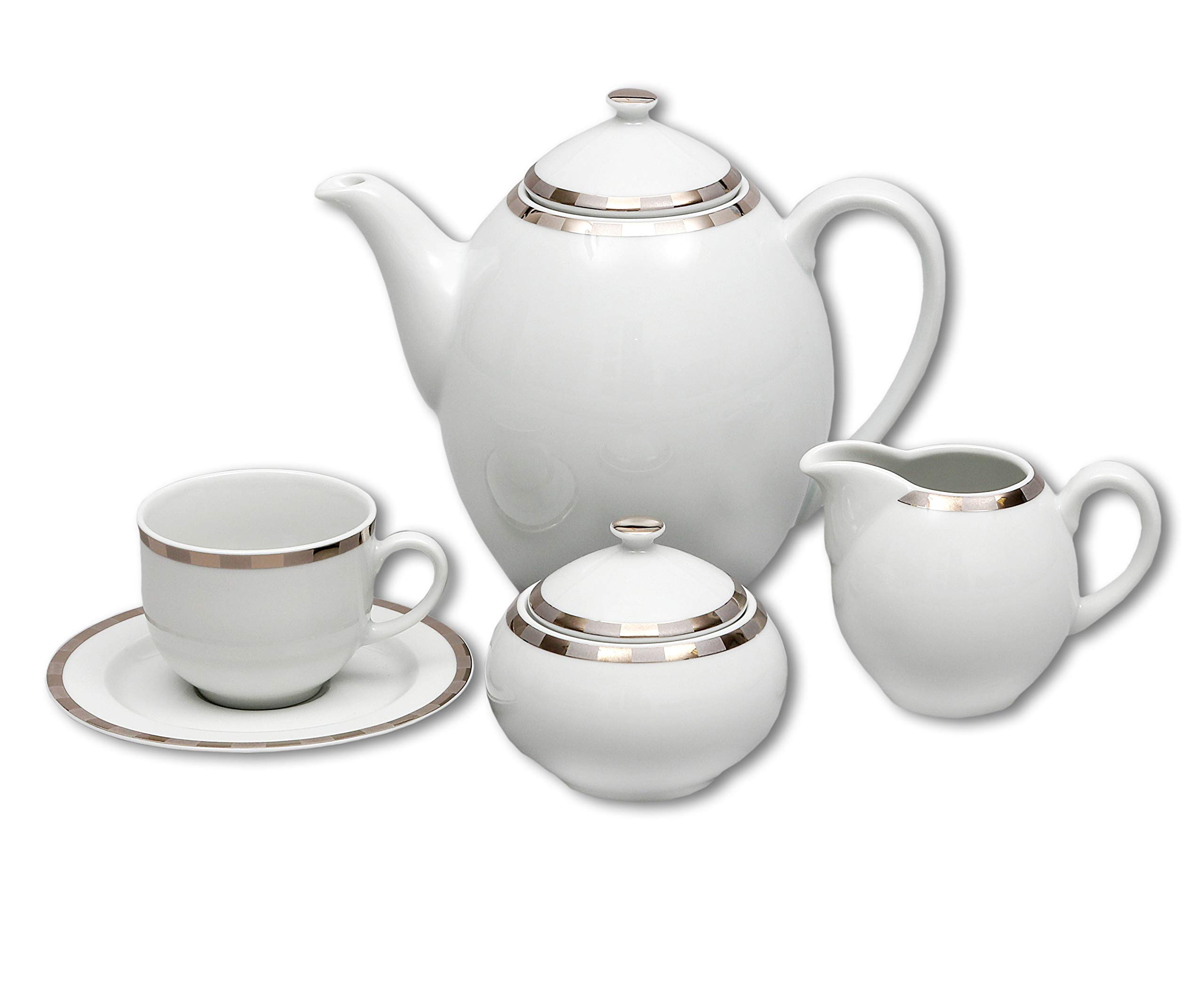 Porcelain Tea Service Opal | 6 Cups (8oz) with Saucer, 1 Coffee Pot with Lid, 1 Sugar Bowl with Lid, 1 Milk Pot | Decorative China Flower Full Serving Set
