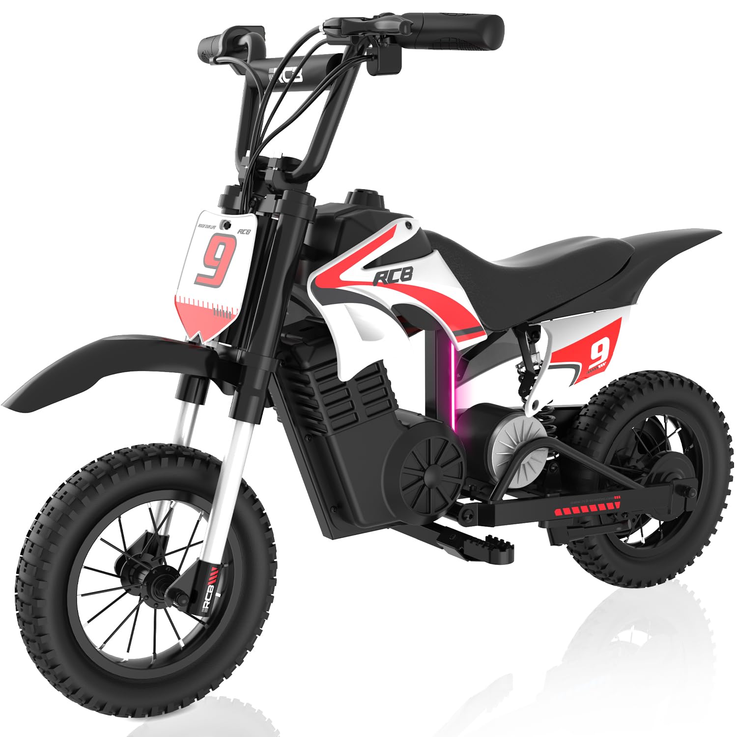 RCB R9X PRO Kids Ride On Motorcycle, Electric Motorbike with 350W Motor, 6.2/9.3/15.5mph Speed Modes & 9.94Miles Long Range, Ambient lighting, Dual Suspension, 12" Motor Cross for Kids Aged 6+