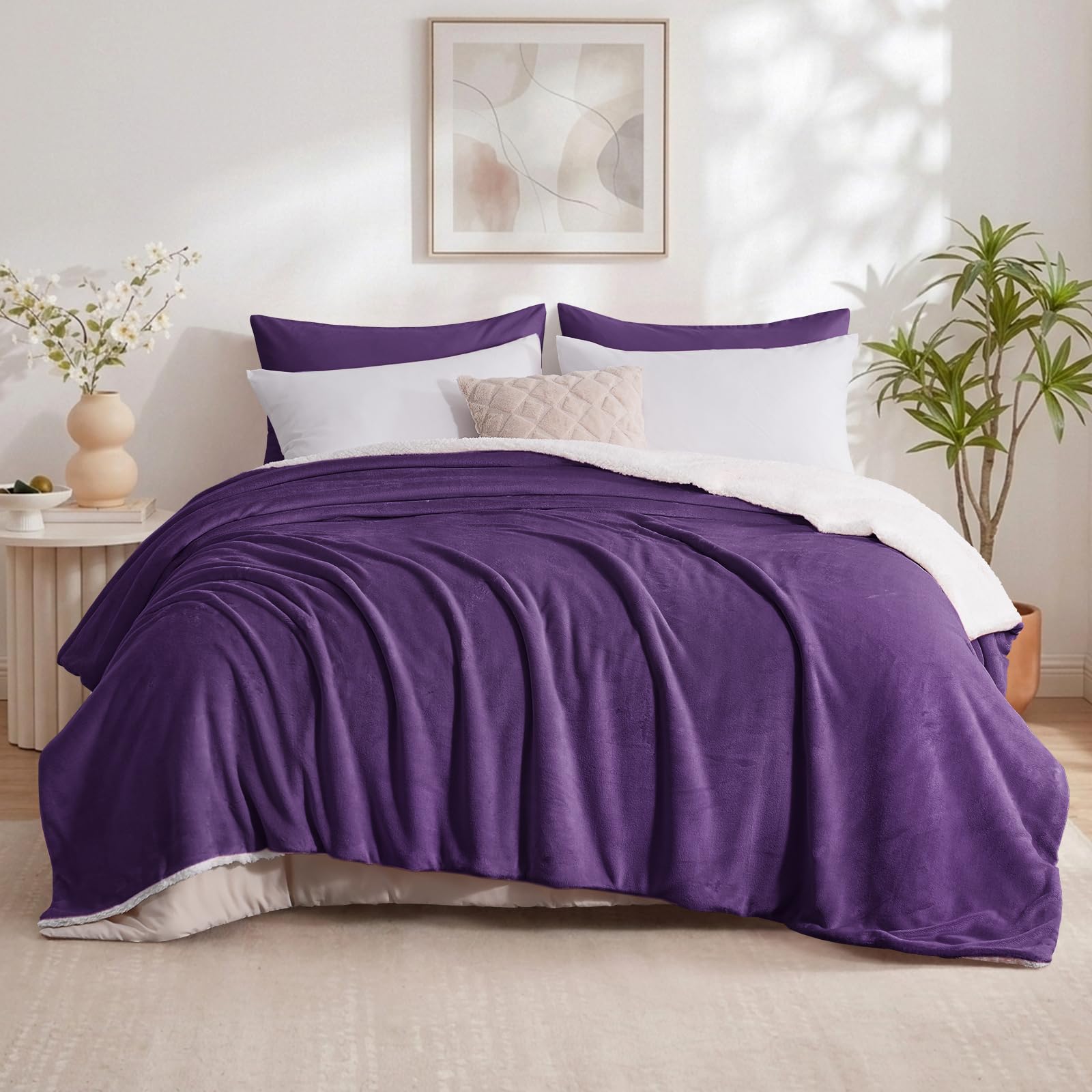 Aisbo Sherpa Fleece Throw Blanket Purple - Fluffy Thick King Size Blanket Extra Large Throw for Bed, Warm Soft Solid Microfiber Throws for Couch Sofa, 200x240cm โ image 1