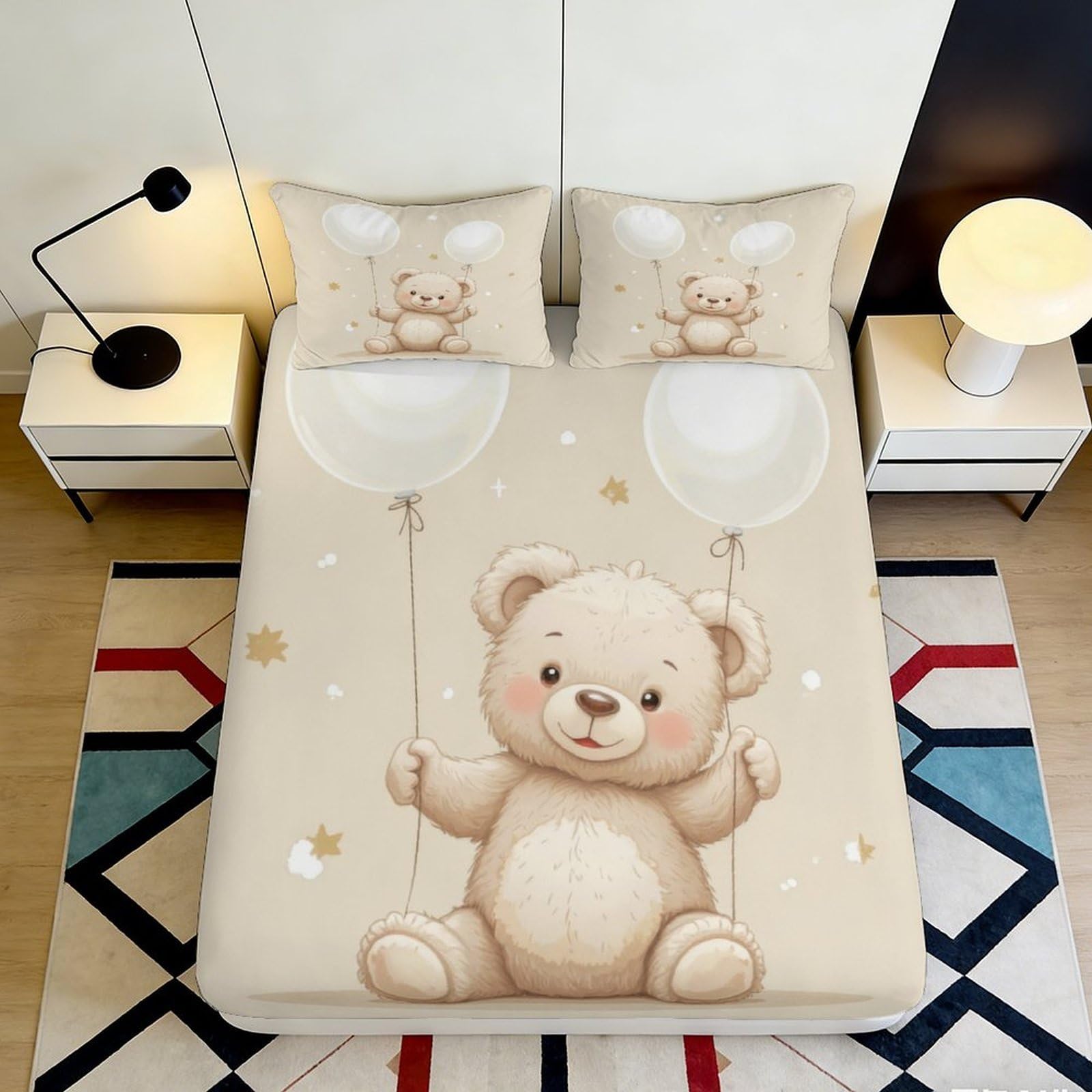 3D Printed Cute Teddy Bear Fitted Sheet Microfiber Soft Breathable Balloon Bed Cover for Bedroom Guest Room Decor 90x200x25cm