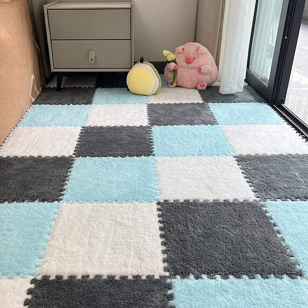 12pcs Carpet Squares Puzzle Floor Mat, Plush Interlocking Carpet Tiles, Anti Slip EVA Foam Jigsaw Floor Tiles, Build A Safe Area for Bedroom Playroom (White+Blue+Grey) — image 1