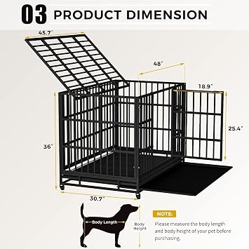 Otaid 48 inch Heavy Duty Indestructible Dog Crate, Escape Proof Dog Crate for High Anxiety Dogs, Dog Cage Kennel with Wheels, Sturdy Locks Design, Double Door and Removable Tray