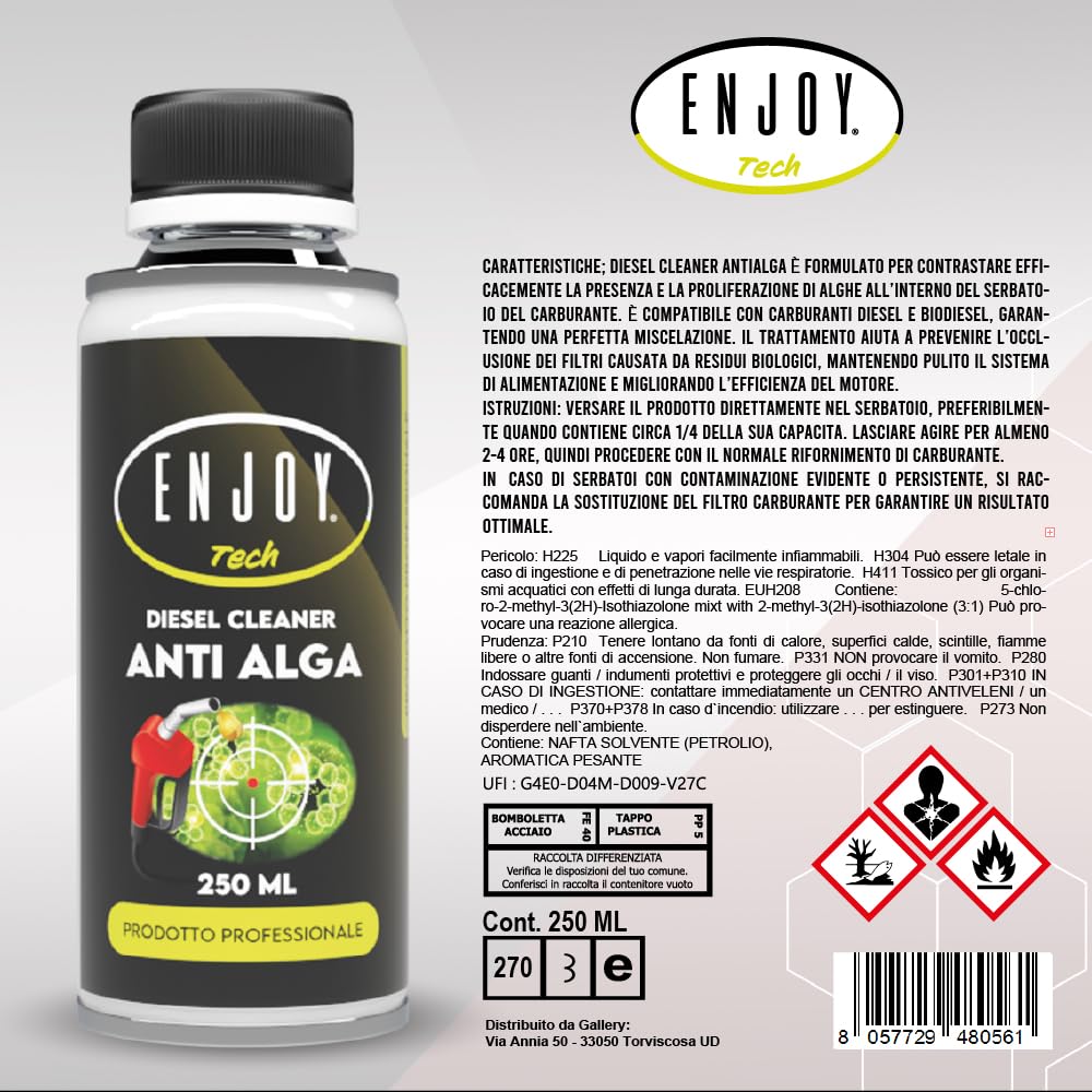 ENJOY TECH Protettore Diesel Antialga 2x250 ml | Additivo per Gasolio e Biodiesel | Previene Alghe, Muffe e Batteri nei Serbatoi | Azione Curativa e Preventiva | Made in Italy