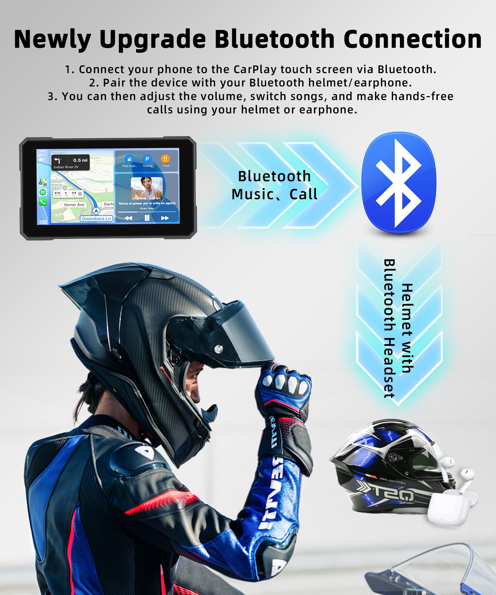 CarPlay Wireless per moto 5 pollici IPS Touchscreen Wireless Android Auto, touch screen impermeabile portatile Car Play, GPS CarPlay per moto, controllo vocale di sicurezza, controllo della pressione