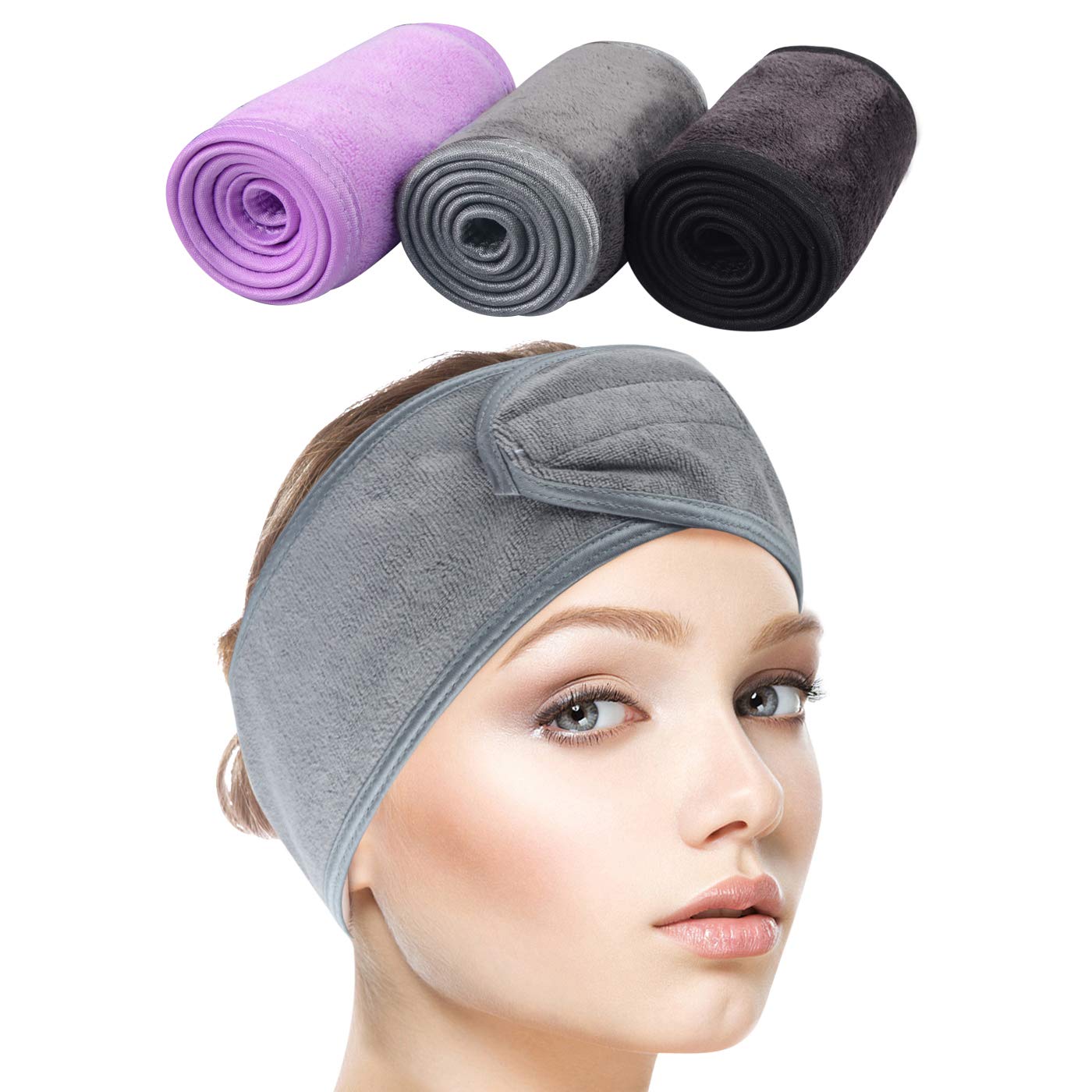 SINLAND Headband for Women Ultra Soft Adjustable Makeup Hair Band with Magic Tape, Stretch Head Wrap for Bath Shower, Facial Mask, Yoga