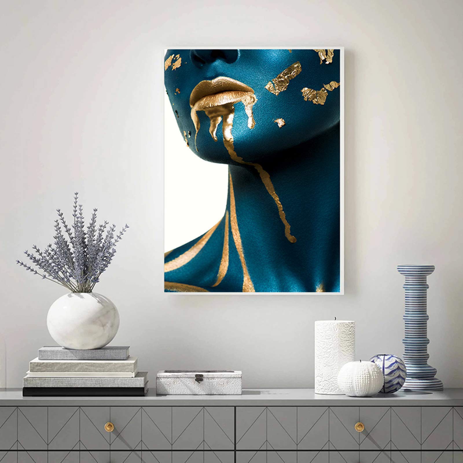 Mujer moderna retrato azul dorado lienzo pintura carteles e impresiones escandinavo cuadro de arte de pared para decoración de habitación 50x70x2cm marco interno